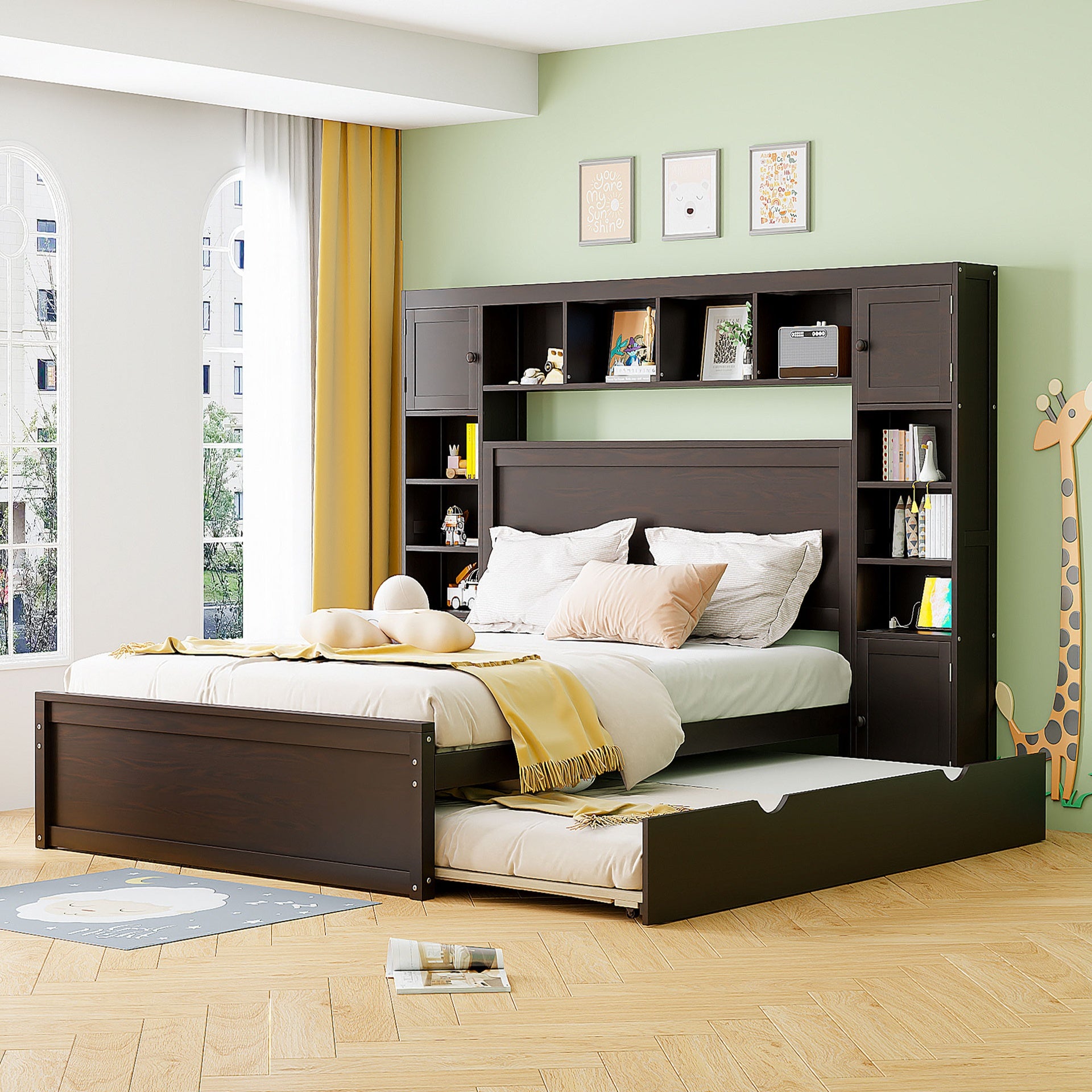 Queen Size Wooden Bed With All-in-One Cabinet, Shelf and Sockets,Twin XL Trundle,Espresso