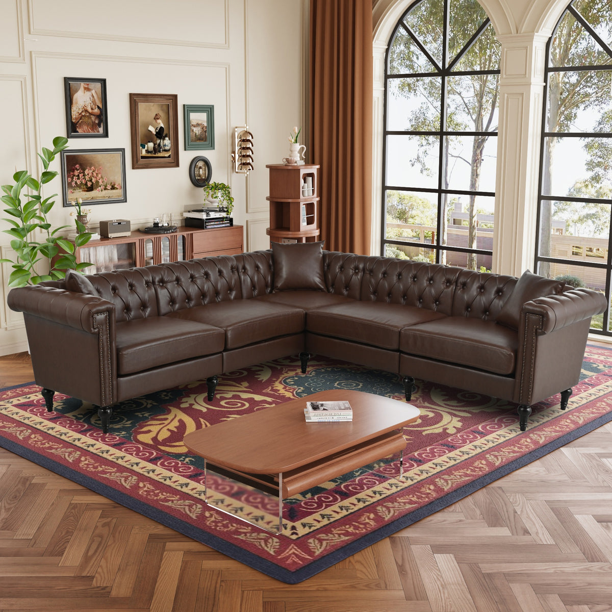Sectional Sofa Couch for Living Room, L Shaped Reversible Modern Chesterfield Sofa with Rolled Arms and Nailhead, 5 Seat Tufted Couch for Small or Large Space(Dark Brown) PU Leather