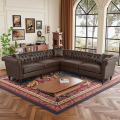 Sectional Sofa Couch for Living Room, L Shaped Reversible Modern Chesterfield Sofa with Rolled Arms and Nailhead, 5 Seat Tufted Couch for Small or Large Space(Dark Brown) PU Leather