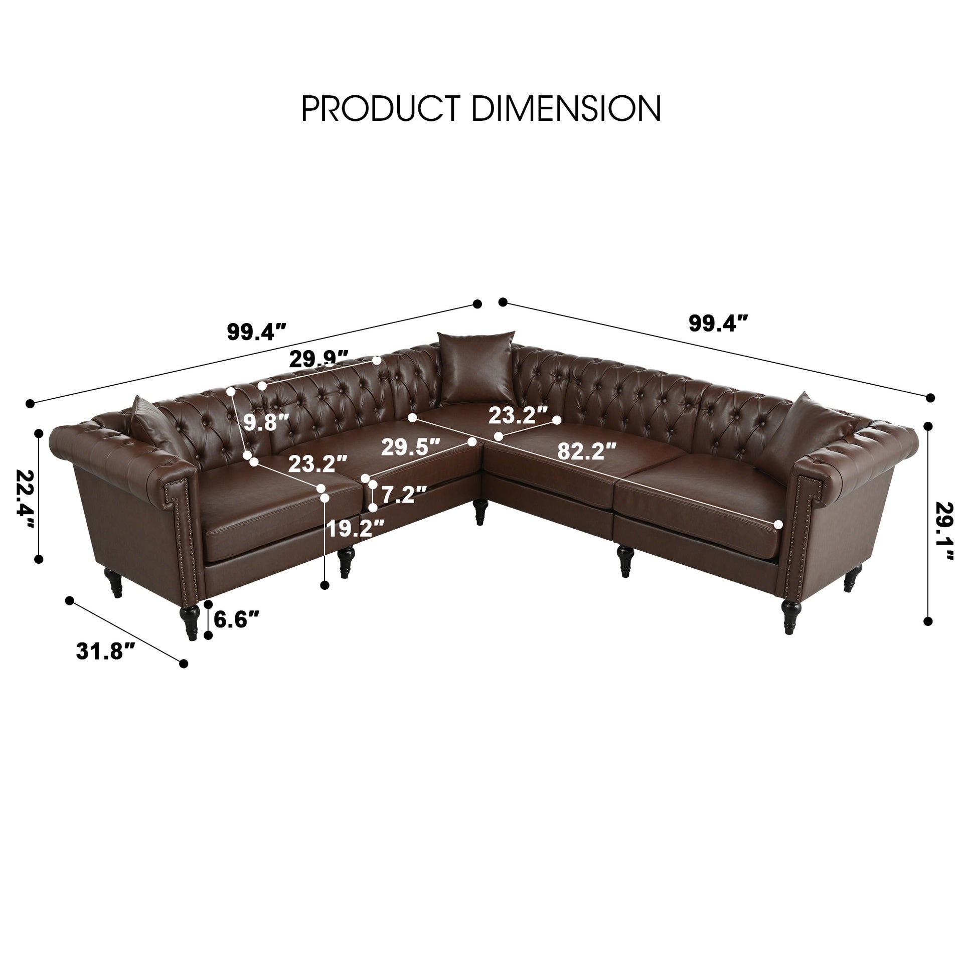Sectional Sofa Couch for Living Room, L Shaped Reversible Modern Chesterfield Sofa with Rolled Arms and Nailhead, 5 Seat Tufted Couch for Small or Large Space(Dark Brown) PU Leather