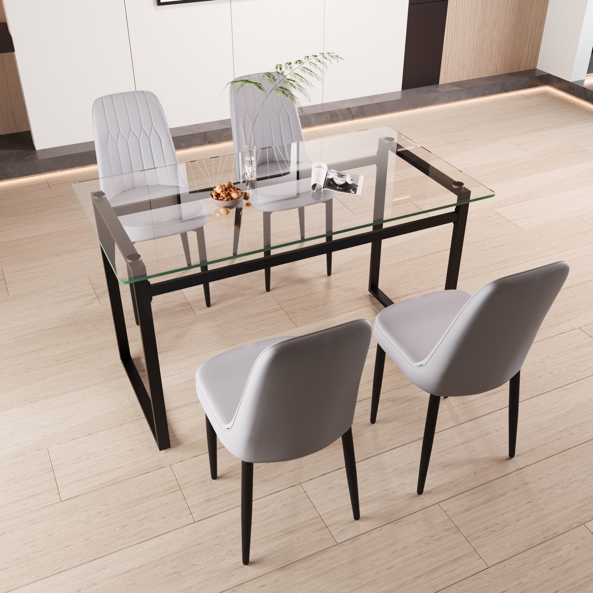 51" 4 person glass dining table set, kitchen set with black metal leg dining table and chairs, modern rectangular tempered glass tabletop and dining room thick cushioned PU dining chair