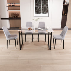 51" 4 person glass dining table set, kitchen set with black metal leg dining table and chairs, modern rectangular tempered glass tabletop and dining room thick cushioned PU dining chair