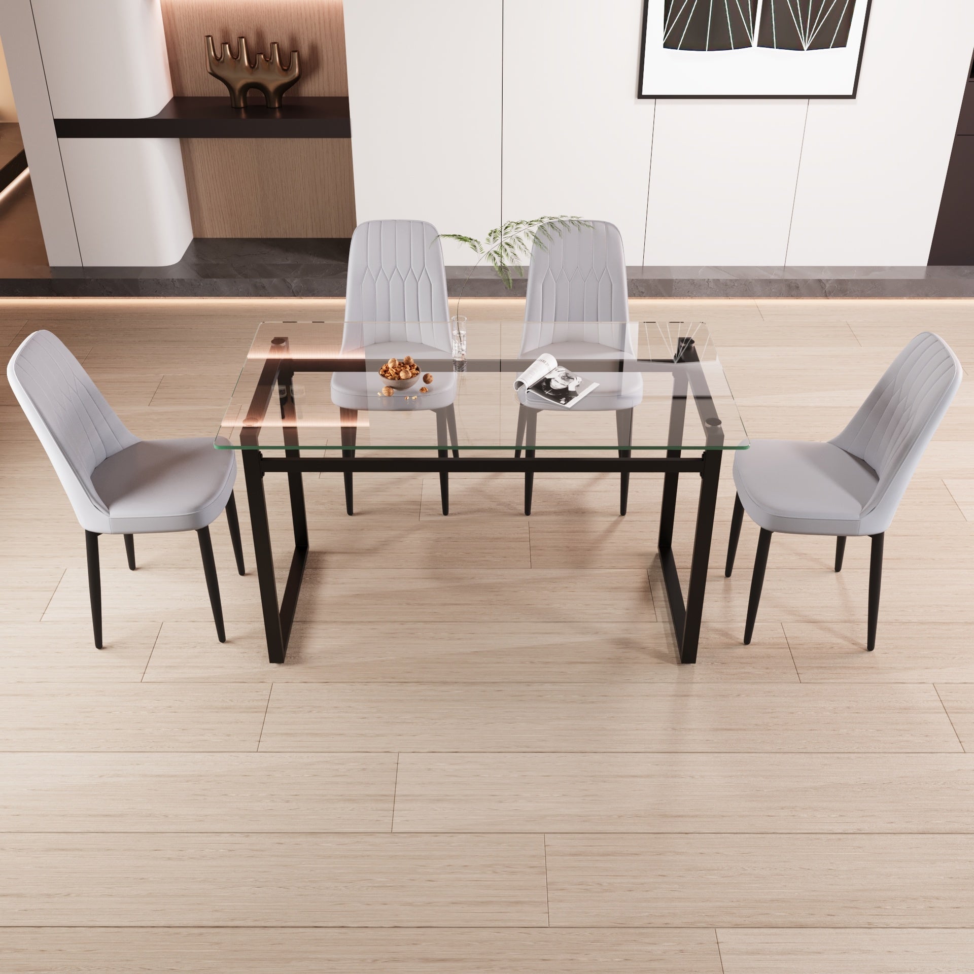 51" 4 person glass dining table set, kitchen set with black metal leg dining table and chairs, modern rectangular tempered glass tabletop and dining room thick cushioned PU dining chair