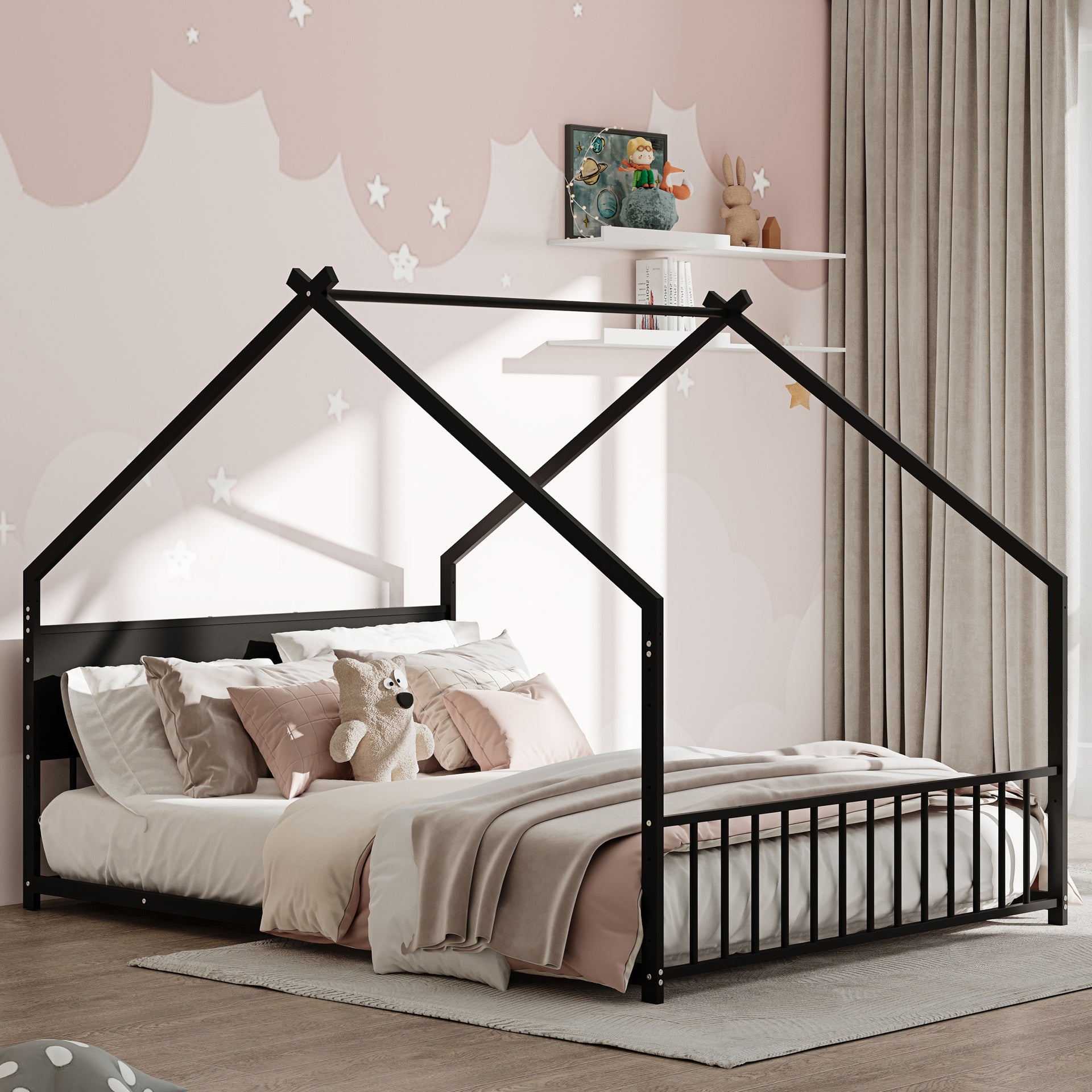 Full Size House Bed with Roof and Colorful Lights, Metal Bed Frame with Slats and Legs, House Bed for Boy, Girls and Young Teens, No Box Spring Needed (Black)