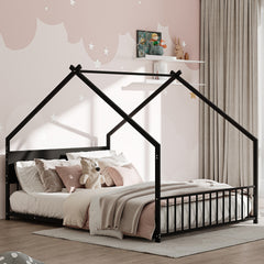 Full Size House Bed with Roof and Colorful Lights, Metal Bed Frame with Slats and Legs, House Bed for Boy, Girls and Young Teens, No Box Spring Needed (Black)