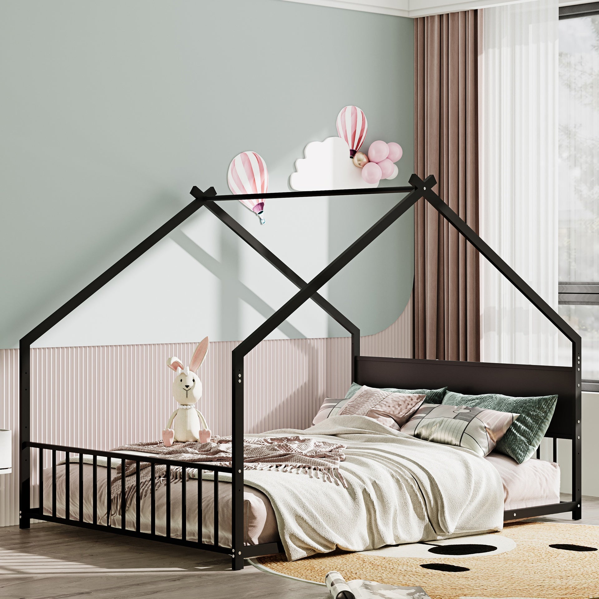 Full Size House Bed with Roof and Colorful Lights, Metal Bed Frame with Slats and Legs, House Bed for Boy, Girls and Young Teens, No Box Spring Needed (Black)