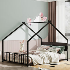 Full Size House Bed with Roof and Colorful Lights, Metal Bed Frame with Slats and Legs, House Bed for Boy, Girls and Young Teens, No Box Spring Needed (Black)