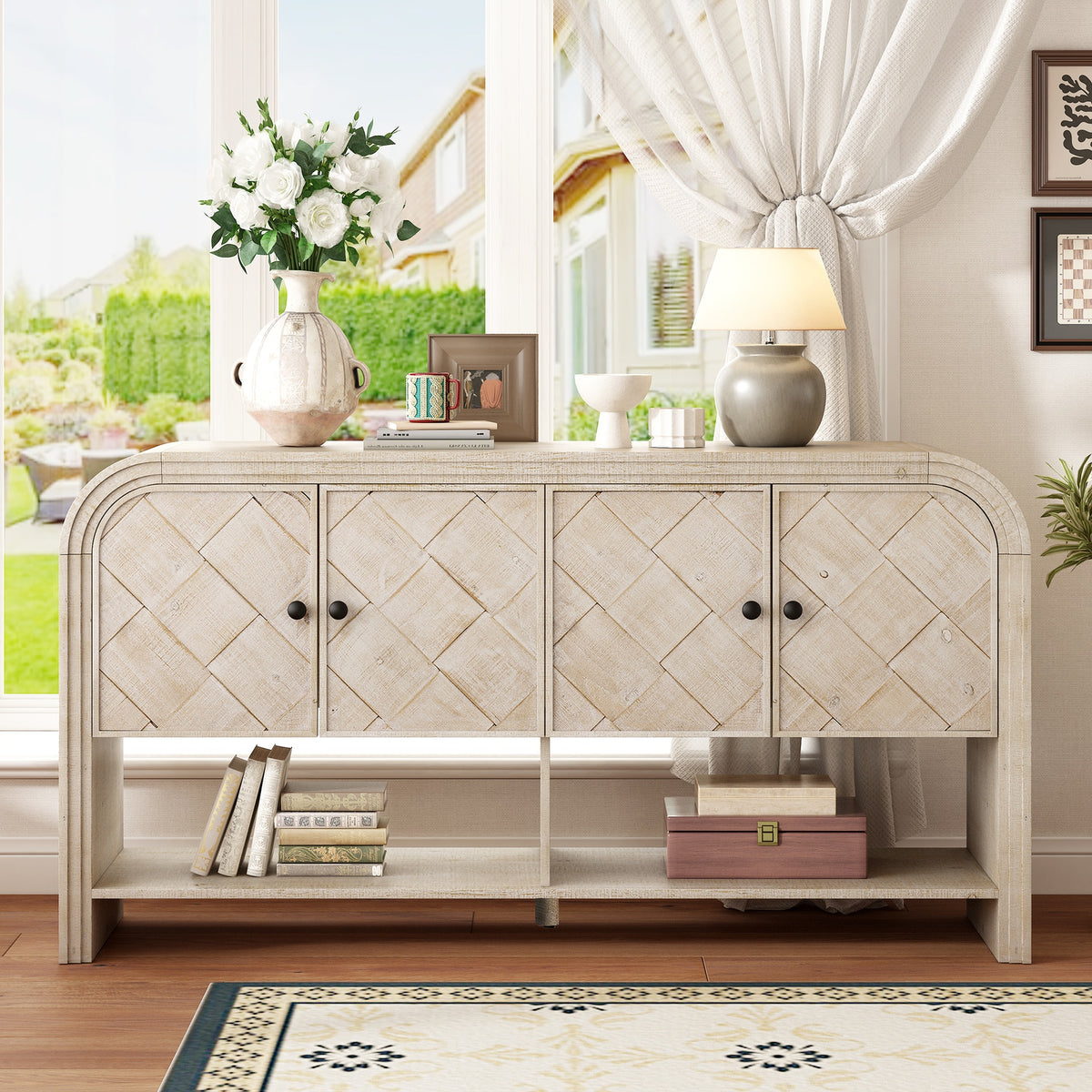 U_Style Versatile console table with Woven Wood Slats and Solid Wood Veneer,Suitable for Entryway, Hallway, Living Room,Foyer,Corridor