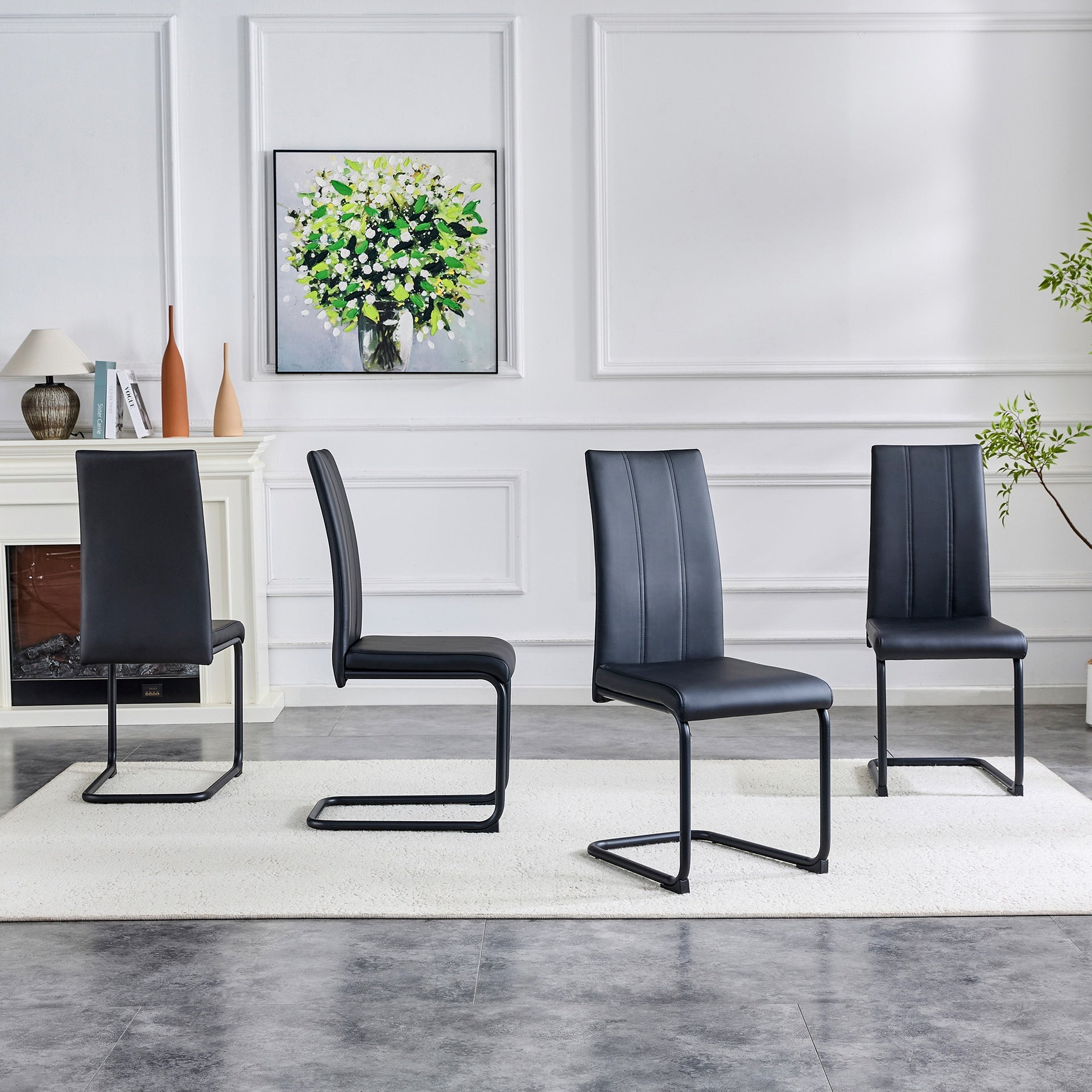 4-Pack PU Upholstered Dining Chairs - Black Modern Kitchen Side Chairs with Sturdy Black Powder-Coated Metal Tube Legs, Comfortable High-Back Seating for Dining Room, Kitchen & Living Room