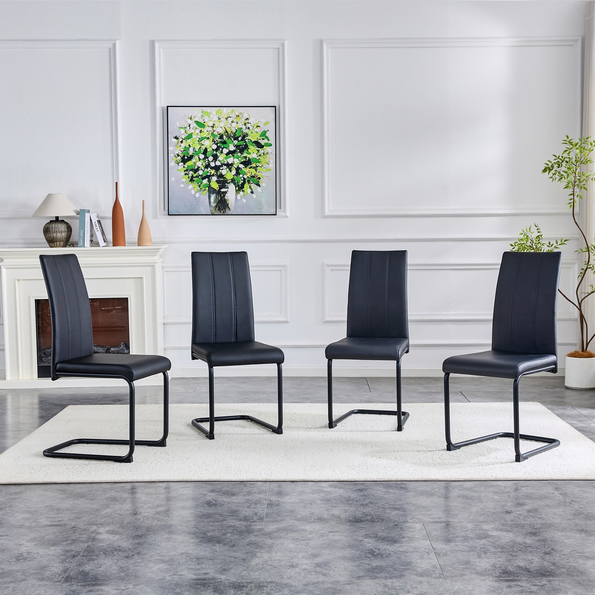 4-Pack PU Upholstered Dining Chairs - Black Modern Kitchen Side Chairs with Sturdy Black Powder-Coated Metal Tube Legs, Comfortable High-Back Seating for Dining Room, Kitchen & Living Room