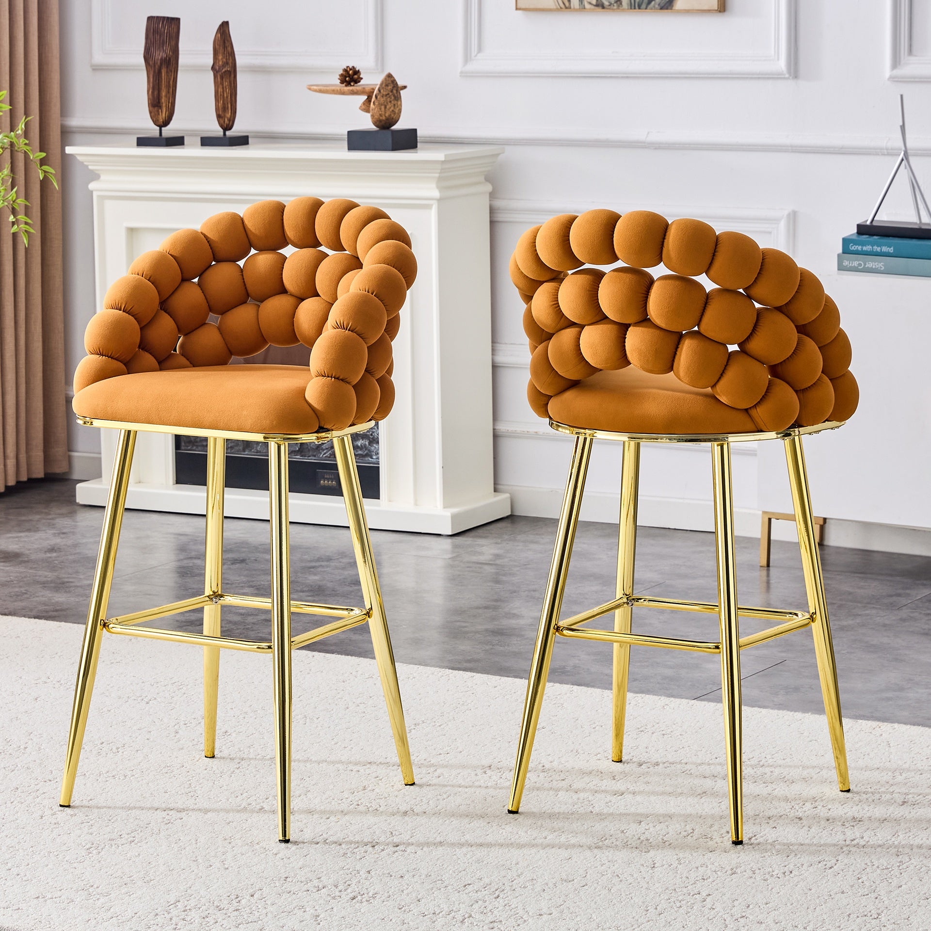 Set of 2 Orange Puffy Bubble Chair Ball Chain Chair Velvet Bar Stools with Gold Legs, Modern Tufted Accent Bar Chairs for Kitchen Island & Home Bar