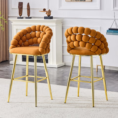 Set of 2 Orange Puffy Bubble Chair Ball Chain Chair Velvet Bar Stools with Gold Legs, Modern Tufted Accent Bar Chairs for Kitchen Island & Home Bar