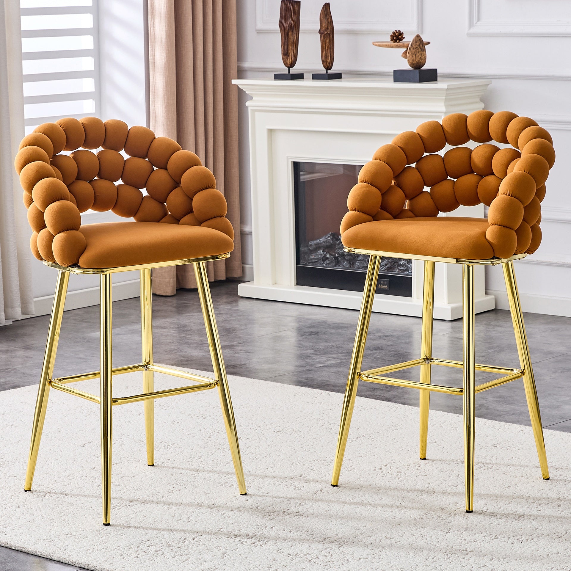 Set of 2 Orange Puffy Bubble Chair Ball Chain Chair Velvet Bar Stools with Gold Legs, Modern Tufted Accent Bar Chairs for Kitchen Island & Home Bar