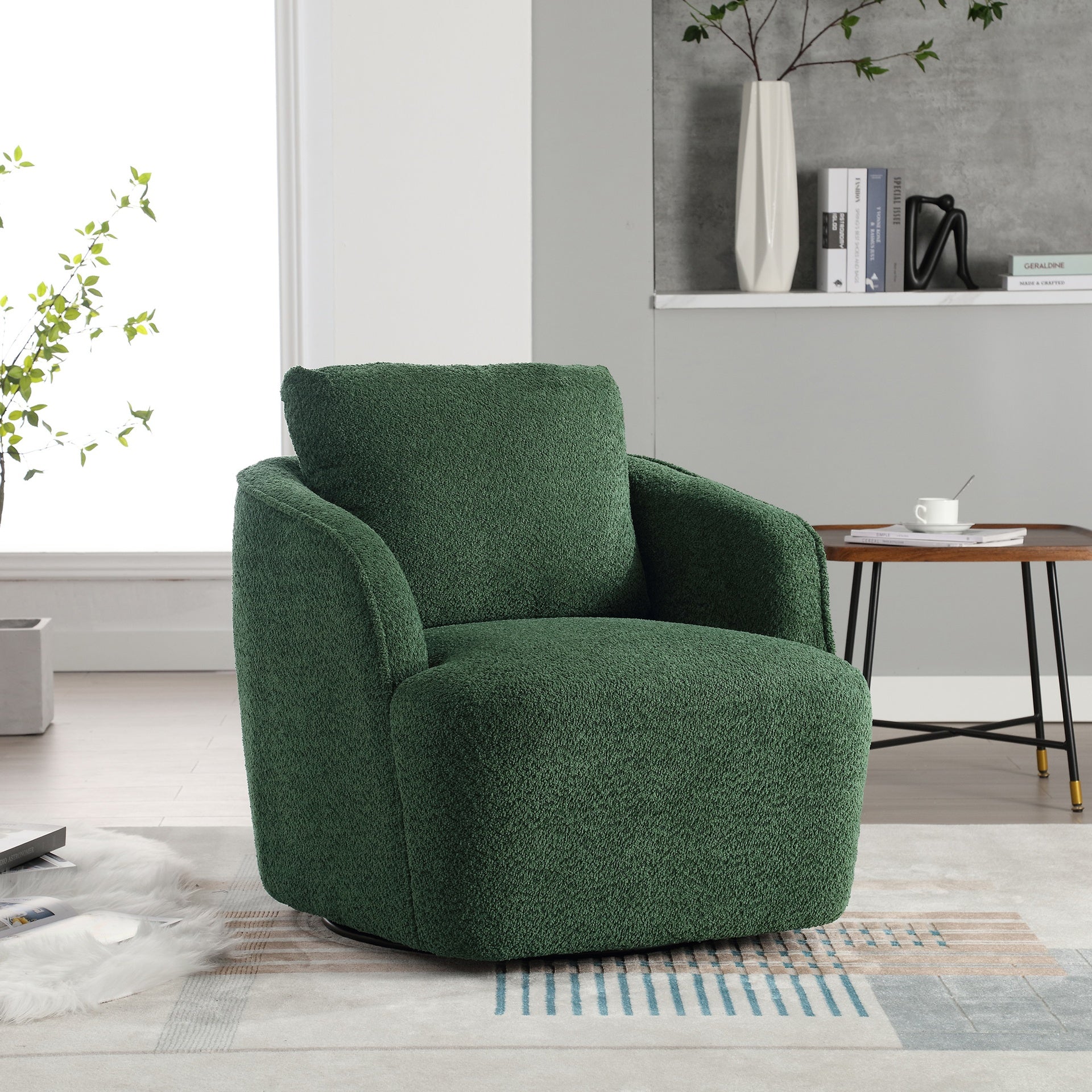 30.3"W Boucle Upholstered Swivel Accent Barrel Chair and Comfy Round Accent Single Sofa Chair, 360 Degree Club Bucket Chair, Lounge Armchair for Living Room Bedroom Nursery. Green