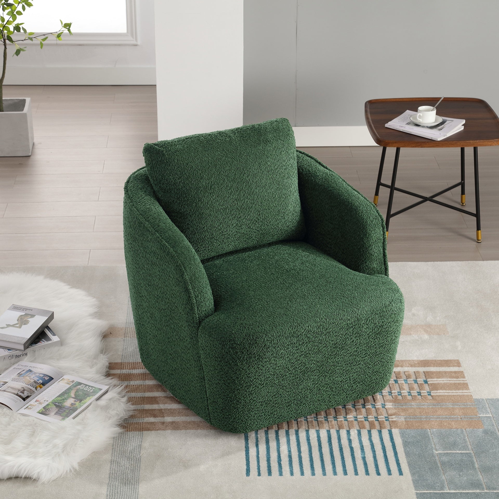 30.3"W Boucle Upholstered Swivel Accent Barrel Chair and Comfy Round Accent Single Sofa Chair, 360 Degree Club Bucket Chair, Lounge Armchair for Living Room Bedroom Nursery. Green