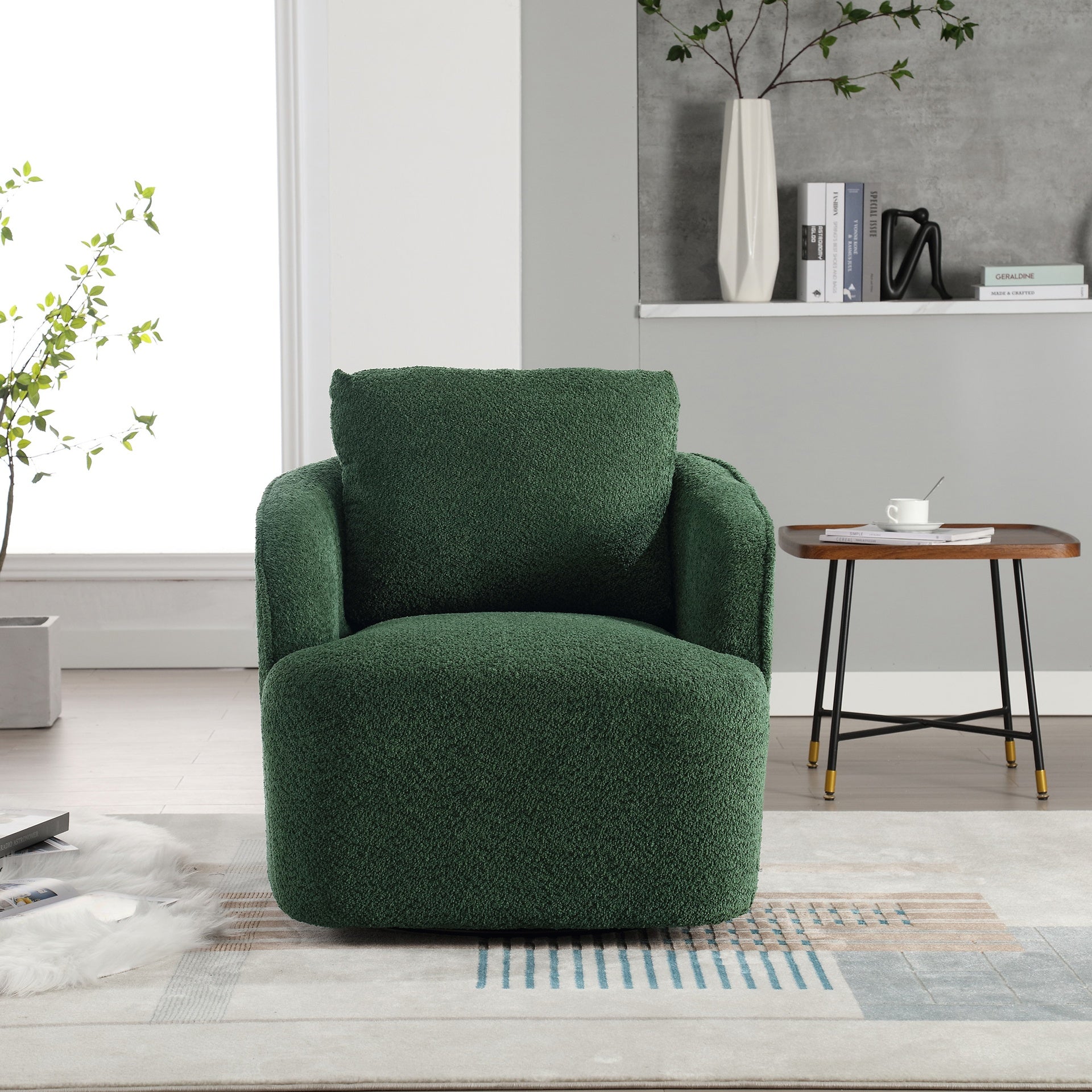 30.3"W Boucle Upholstered Swivel Accent Barrel Chair and Comfy Round Accent Single Sofa Chair, 360 Degree Club Bucket Chair, Lounge Armchair for Living Room Bedroom Nursery. Green