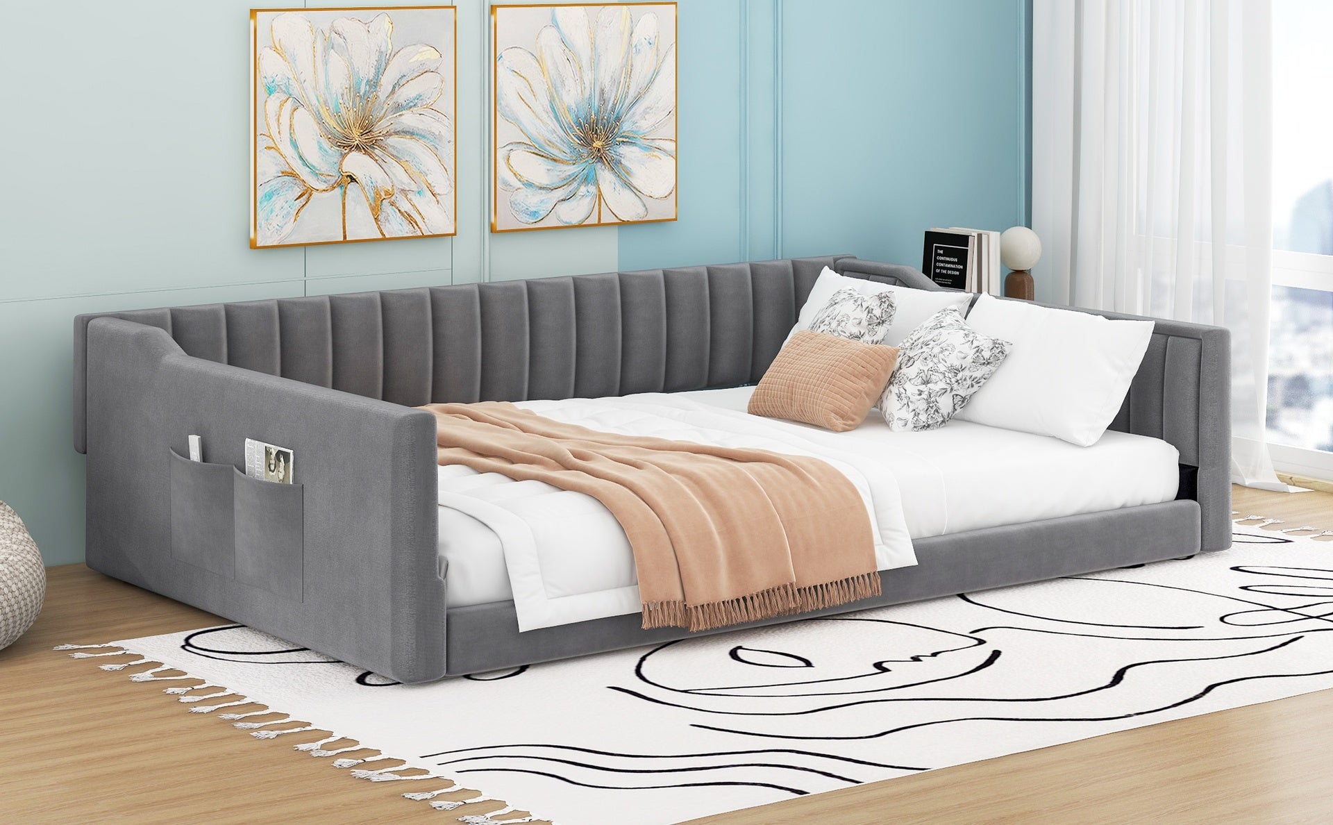 Full XL Size Upholstery Daybed and Side Storage Pocket,Gray