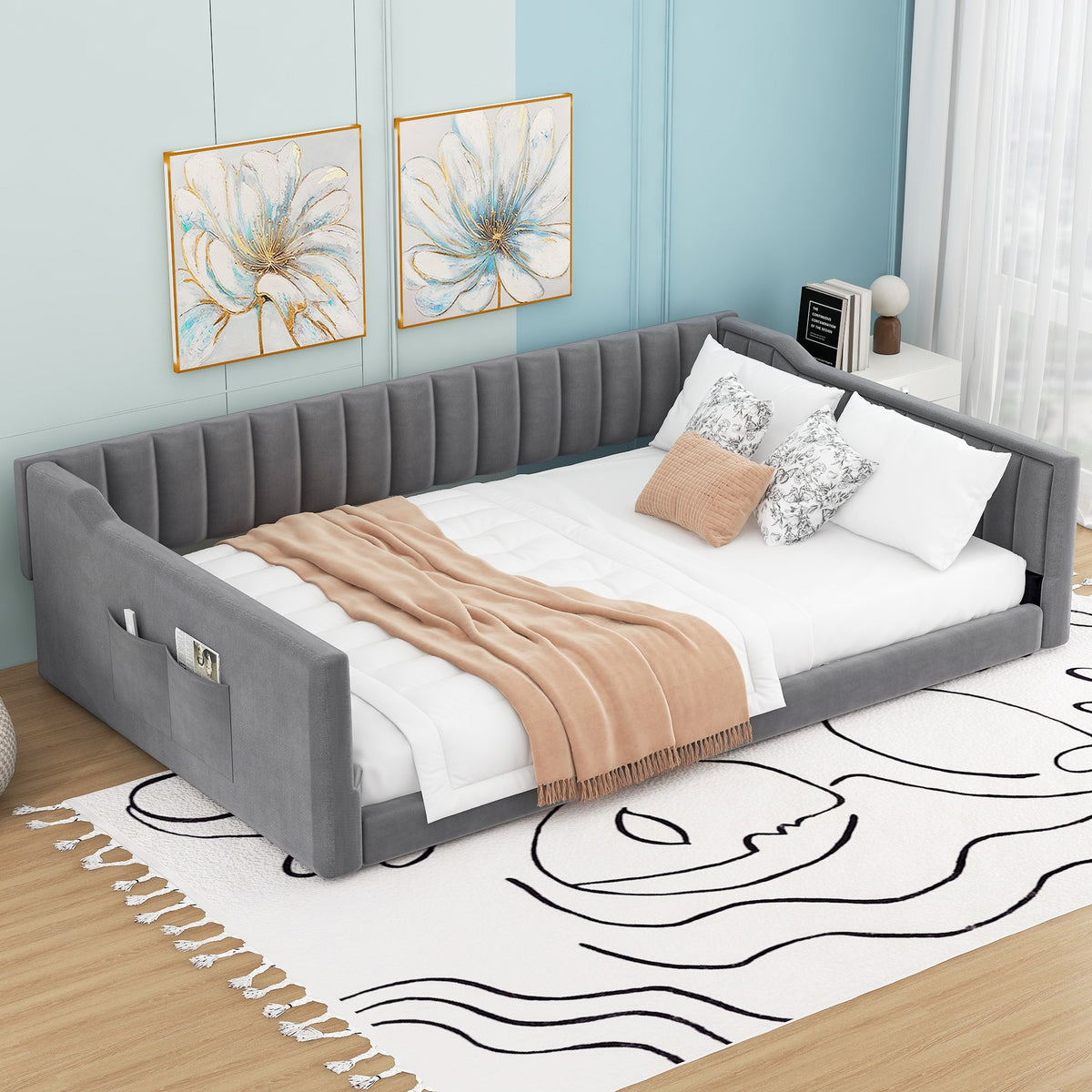 Full XL Size Upholstery Daybed and Side Storage Pocket,Gray