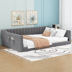 Full XL Size Upholstery Daybed and Side Storage Pocket,Gray