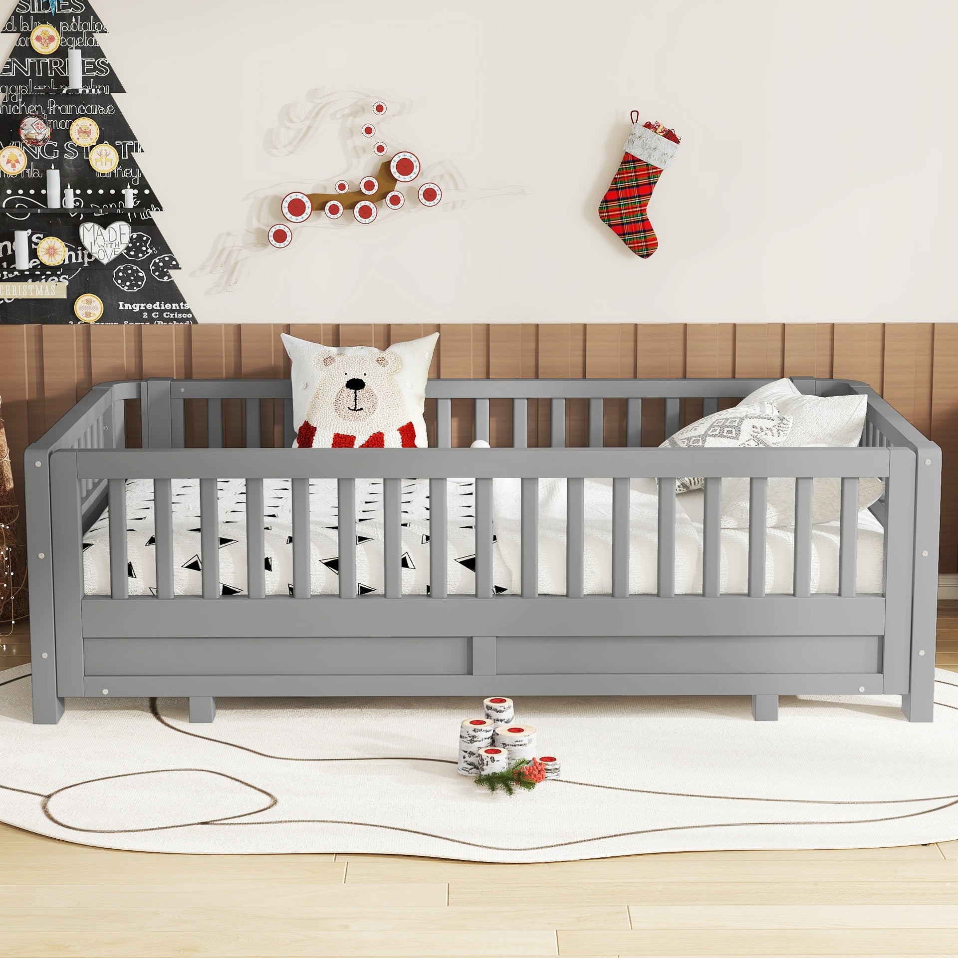 Twin Size Platform Bed with Guardrails, Solid Wood Twin Bed Frame, Can Be Converted into a Double Twin Platform Bed,Grey