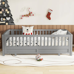 Twin Size Platform Bed with Guardrails, Solid Wood Twin Bed Frame, Can Be Converted into a Double Twin Platform Bed,Grey