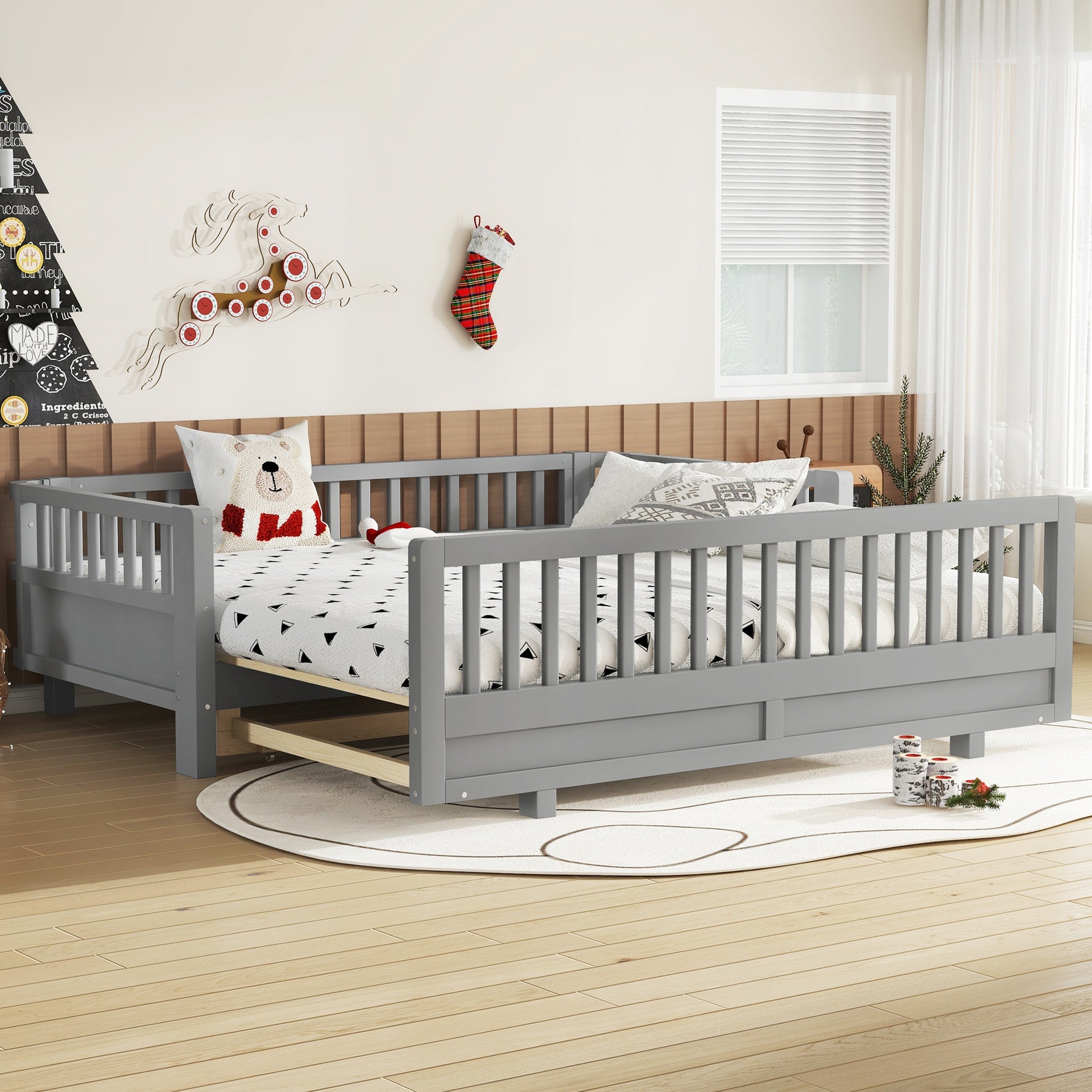 Twin Size Platform Bed with Guardrails, Solid Wood Twin Bed Frame, Can Be Converted into a Double Twin Platform Bed,Grey