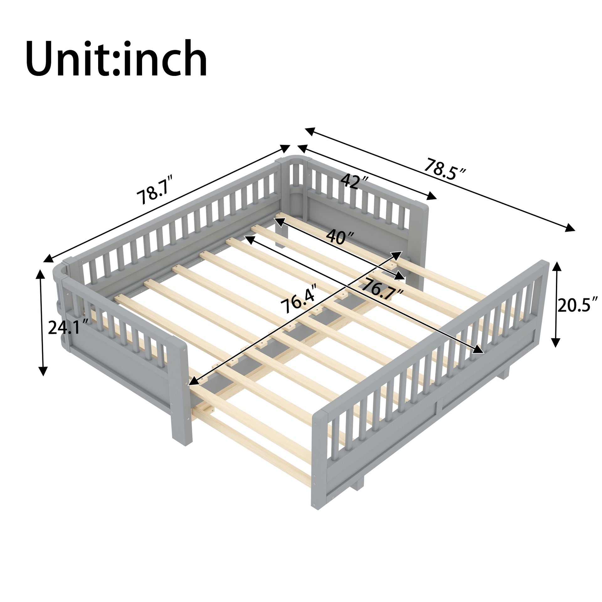 Twin Size Platform Bed with Guardrails, Solid Wood Twin Bed Frame, Can Be Converted into a Double Twin Platform Bed,Grey