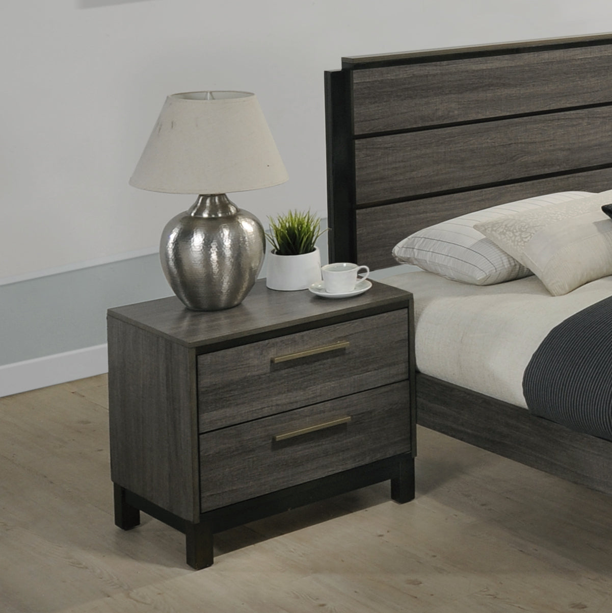 Ioana Wood 2-Drawers Nightstand (Nightstand Only), Antique Grey Finish