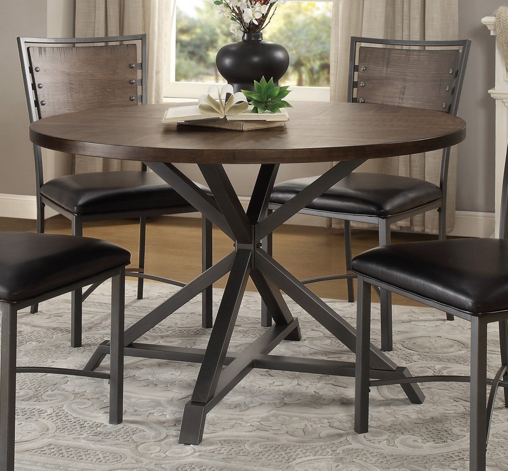 Industrial Style Round Dining Table 1pc Burnished Brown finish and gray metal finish Rustic Style Dining Kitchen Furniture