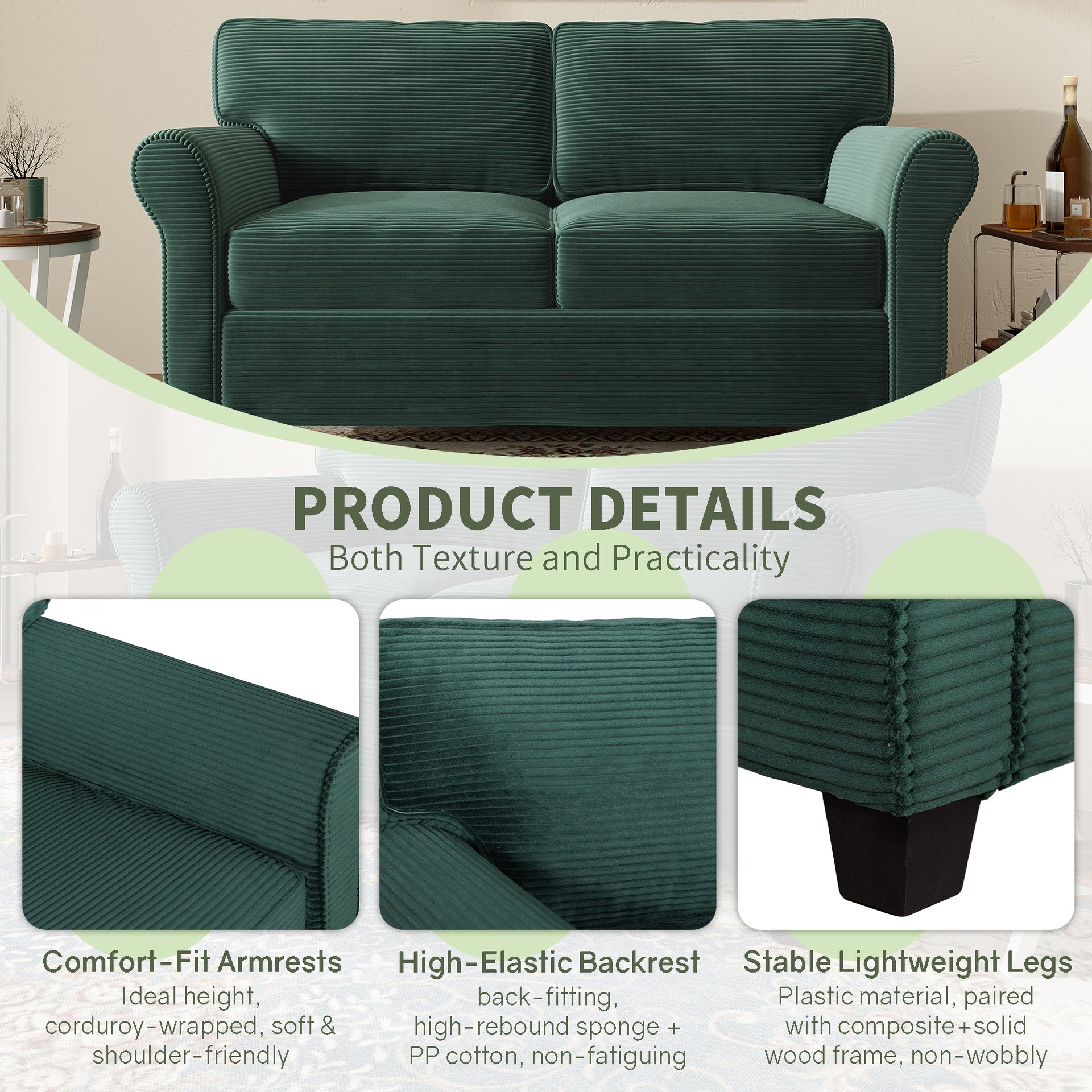 57" Modern 2-Seater Corduroy Sofa With Removable Backrest & Seat Cushions,Padded Armrests,High Rebound Sponge Filled with Solid Wood and Composite Frame,Easy Assembly For Living Room,Bedroom,Office.