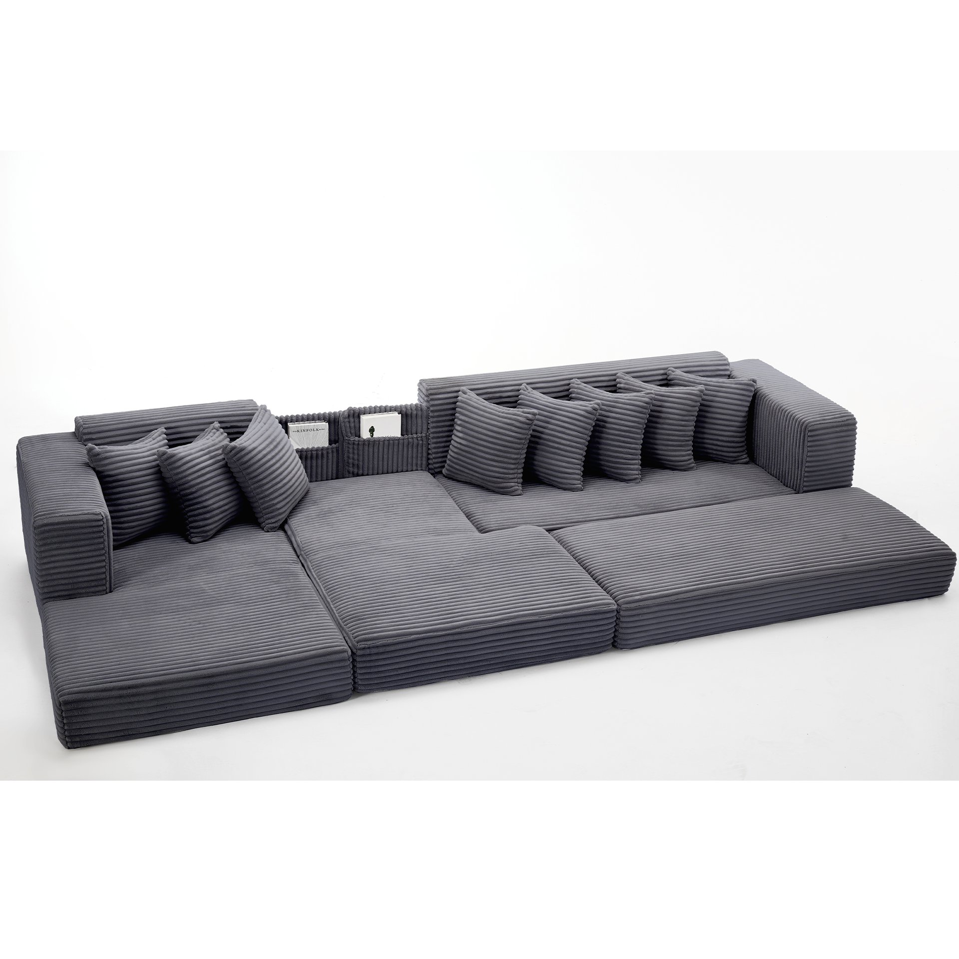 Oversize Cloud Couch, L-Shape Sofa, Convertible Floor Sleeper Sofa Bed, No Assembly ,Eight pillows,3-in-1,Side Pocket,(Left Facing Sofa),Corduroy,Dark Gray