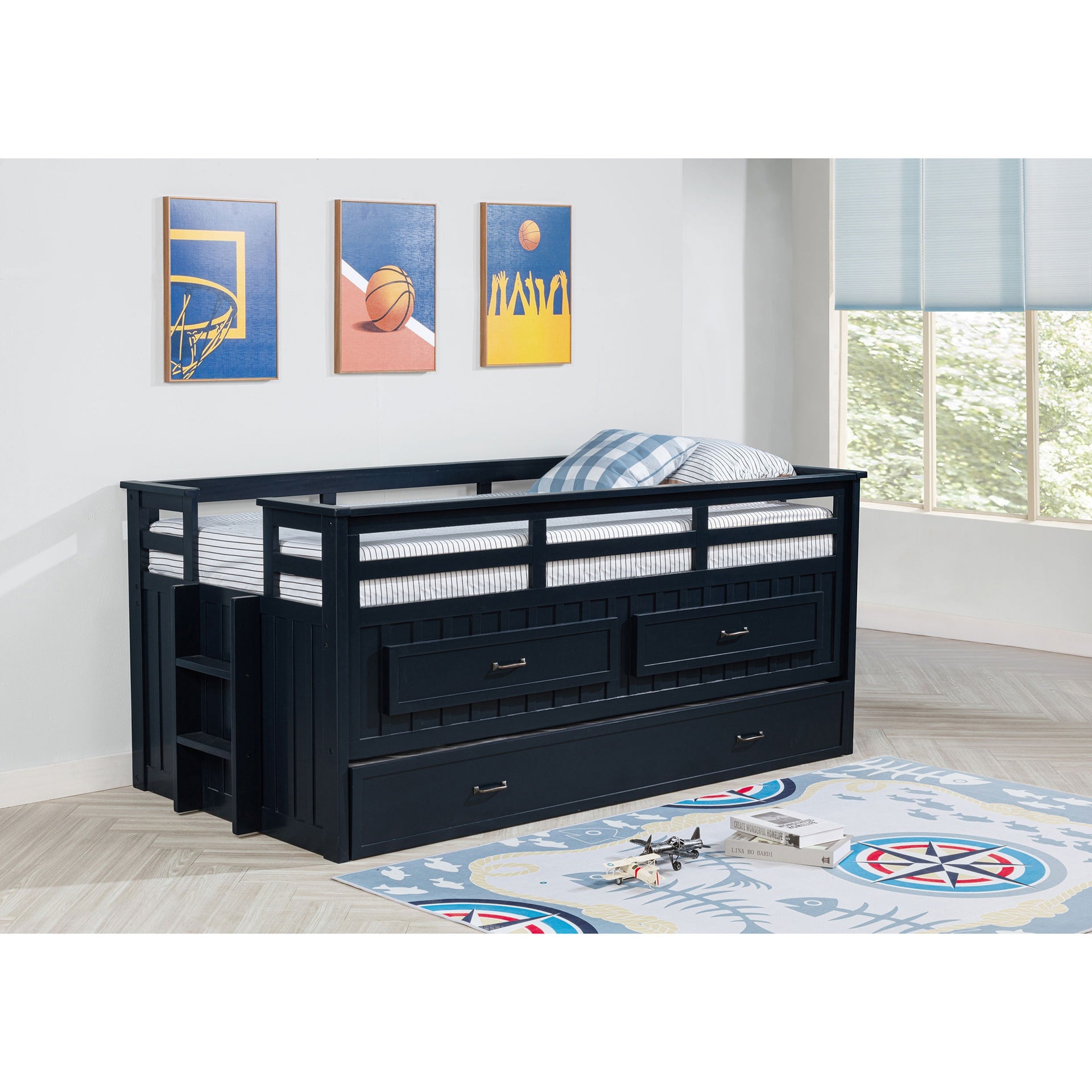 Starboard Navy Blue Twin Captain Bed with Trundle
