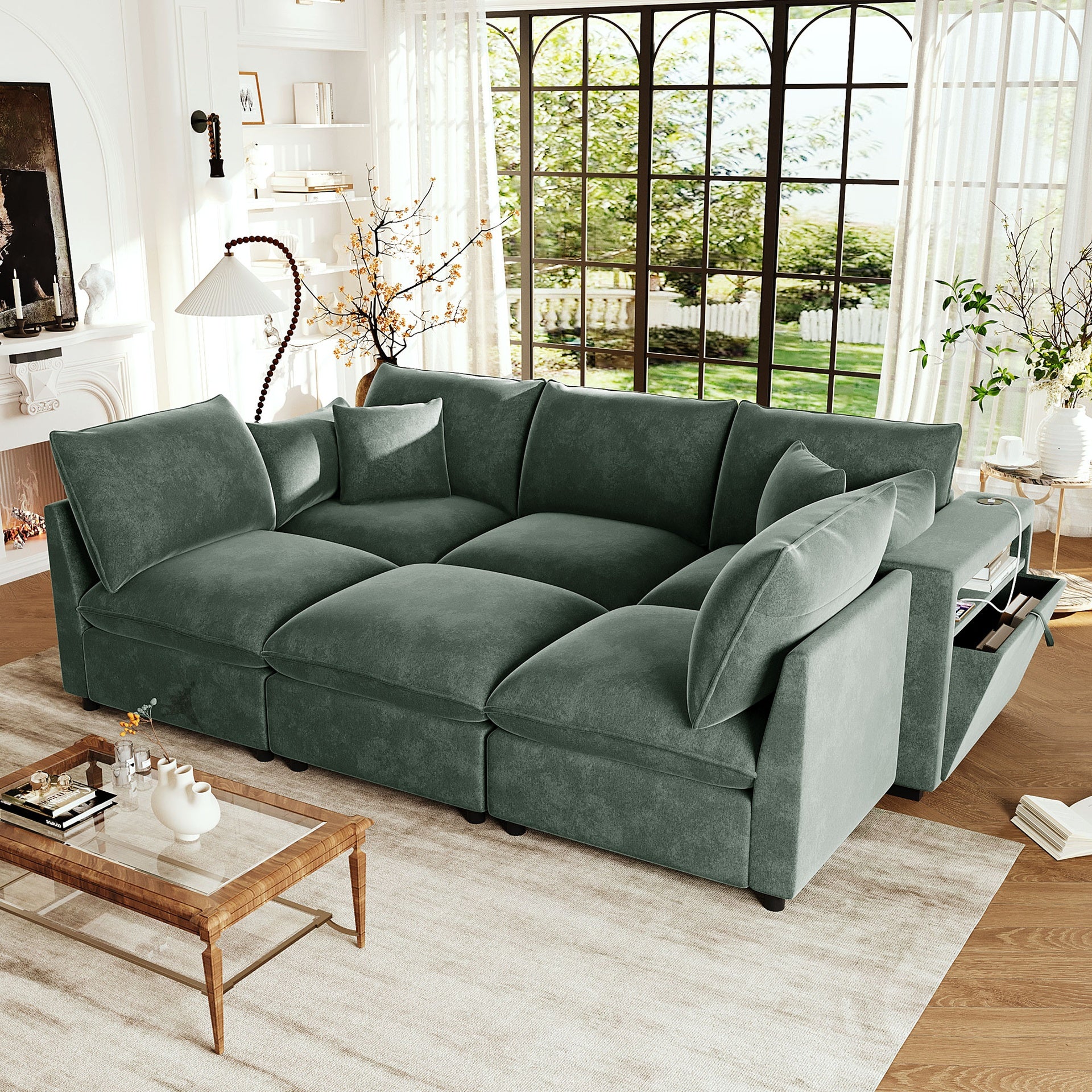 Modern Sectional Sofa Modular Sofa 93.7" U-shaped Sofa Couch Sofa Bed L-shaped Sofa with a Movable Ottoman, Storage Armrests and USB Ports, Green