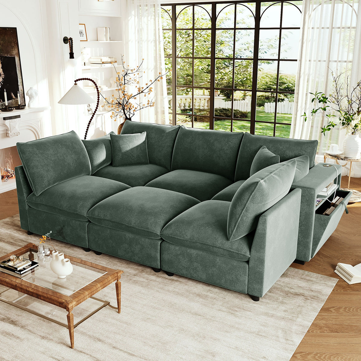Modern Sectional Sofa Modular Sofa 93.7" U-shaped Sofa Couch Sofa Bed L-shaped Sofa with a Movable Ottoman, Storage Armrests and USB Ports, Green