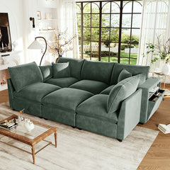 Modern Sectional Sofa Modular Sofa 93.7" U-shaped Sofa Couch Sofa Bed L-shaped Sofa with a Movable Ottoman, Storage Armrests and USB Ports, Green