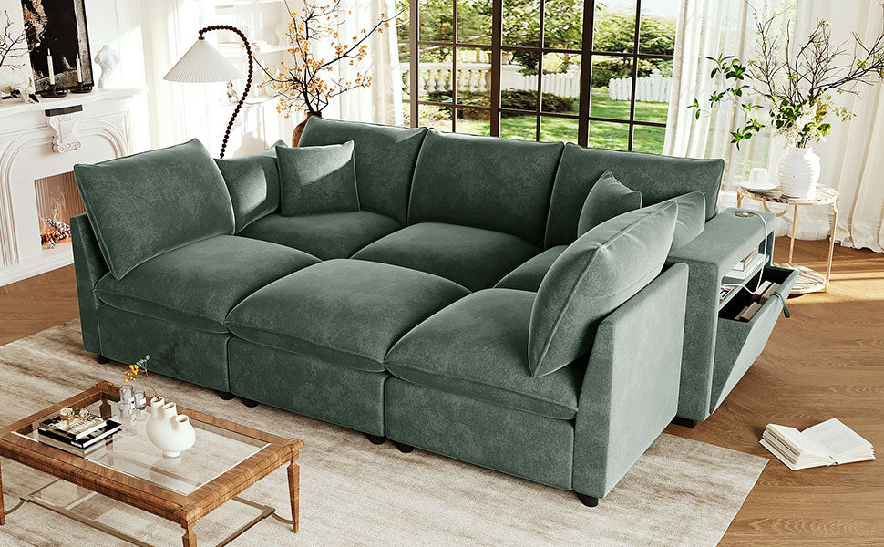 Modern Sectional Sofa Modular Sofa 93.7" U-shaped Sofa Couch Sofa Bed L-shaped Sofa with a Movable Ottoman, Storage Armrests and USB Ports, Green