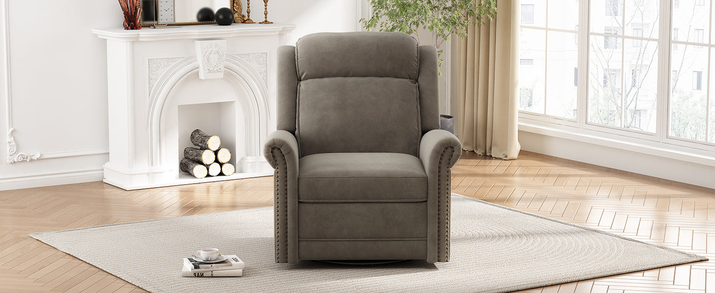 360° Swivel Recliner Manual Rocking Recliner Home Theater Manual Recliner Chair Nursery Rocker with Adjustable Backrest for Living Room, Light Brown