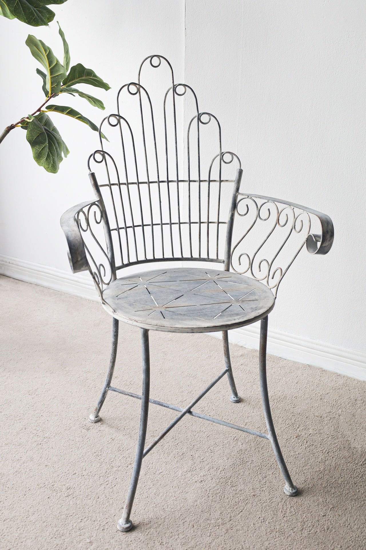 23x22x38" Distressed Silver Finish Iron Accent Chair, French Country Armchair, Outdoor Garden Seating