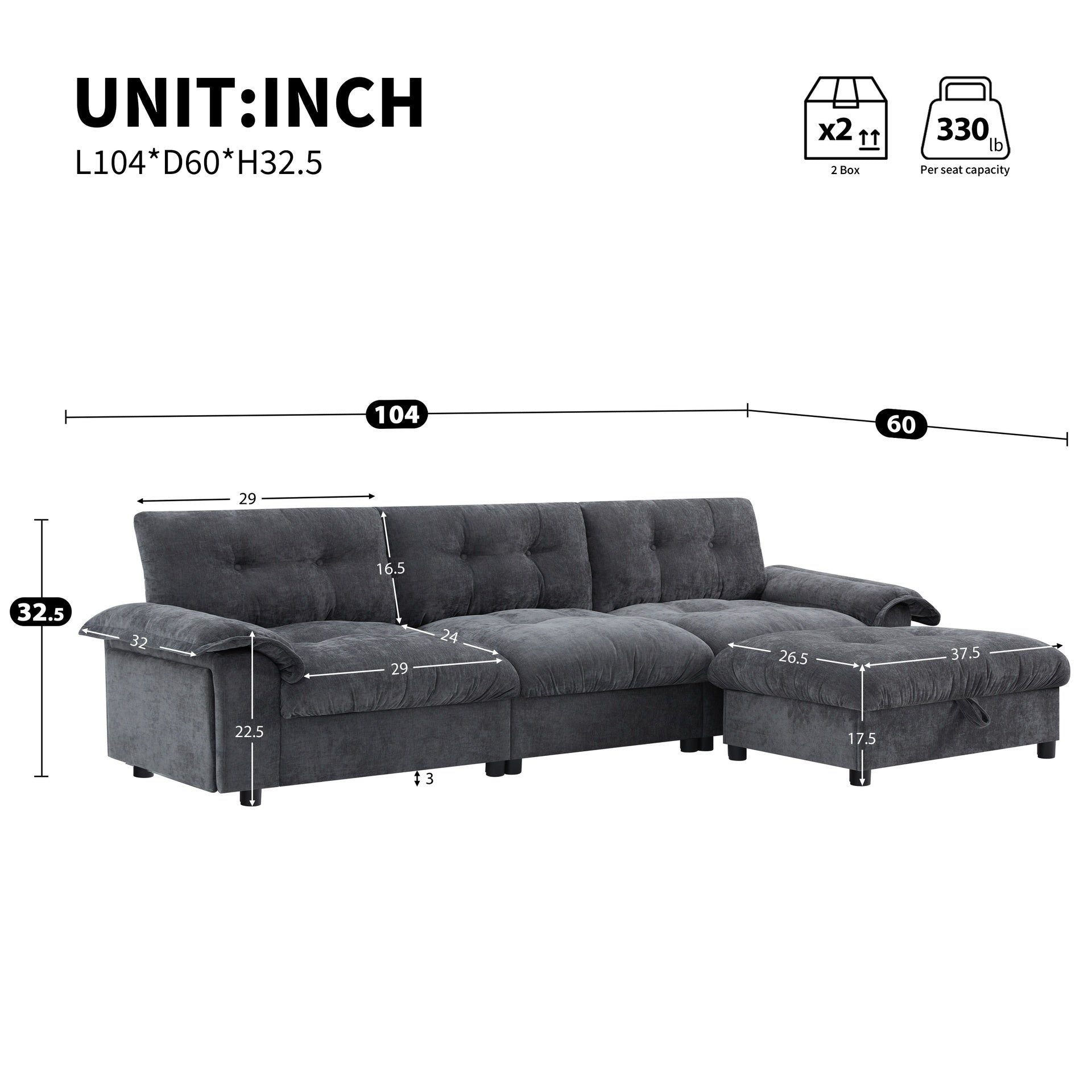 104*60" Sectional Sofa, L-Shape with Multifunctional Armrest, Dual-Port Charging, Cup Holder, Side Storage Pockets, Movable Storage Ottoman, Unique Tufted Design, Soft Cushion, Chenille,3colors