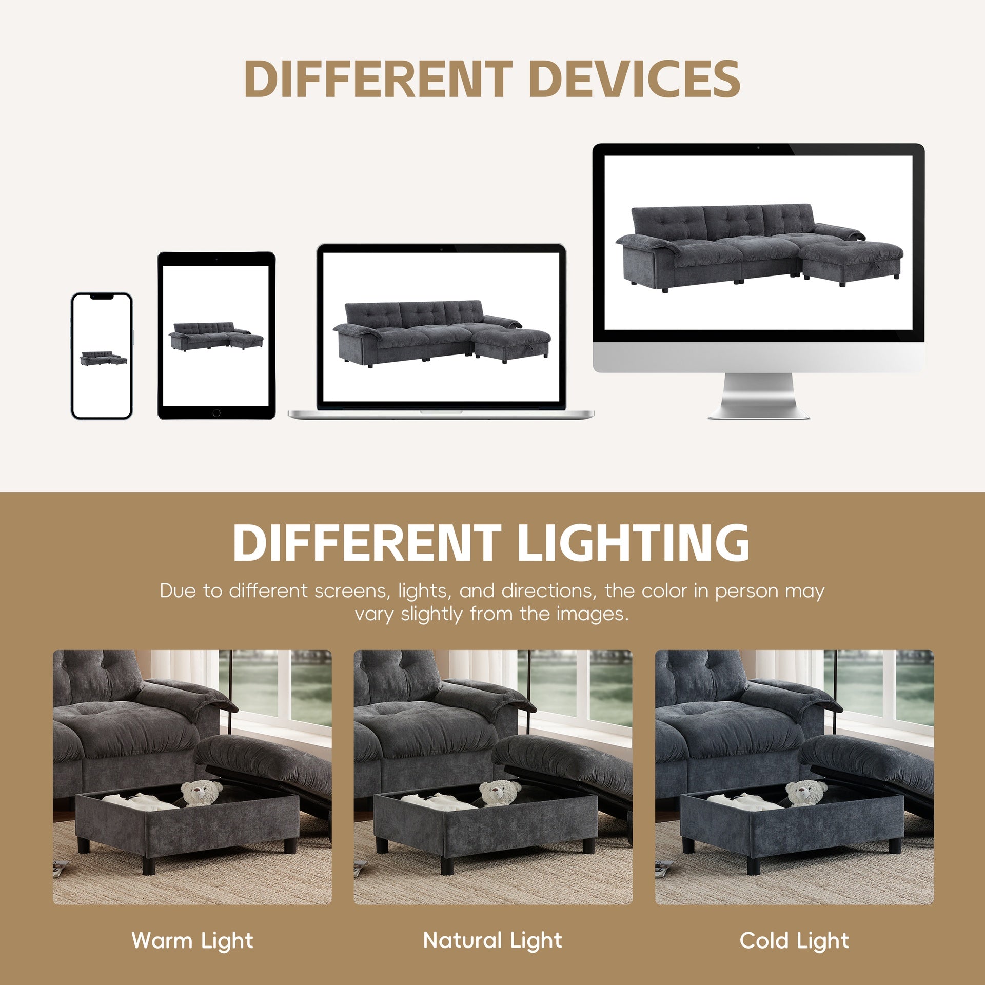 104*60" Sectional Sofa, L-Shape with Multifunctional Armrest, Dual-Port Charging, Cup Holder, Side Storage Pockets, Movable Storage Ottoman, Unique Tufted Design, Soft Cushion, Chenille,3colors