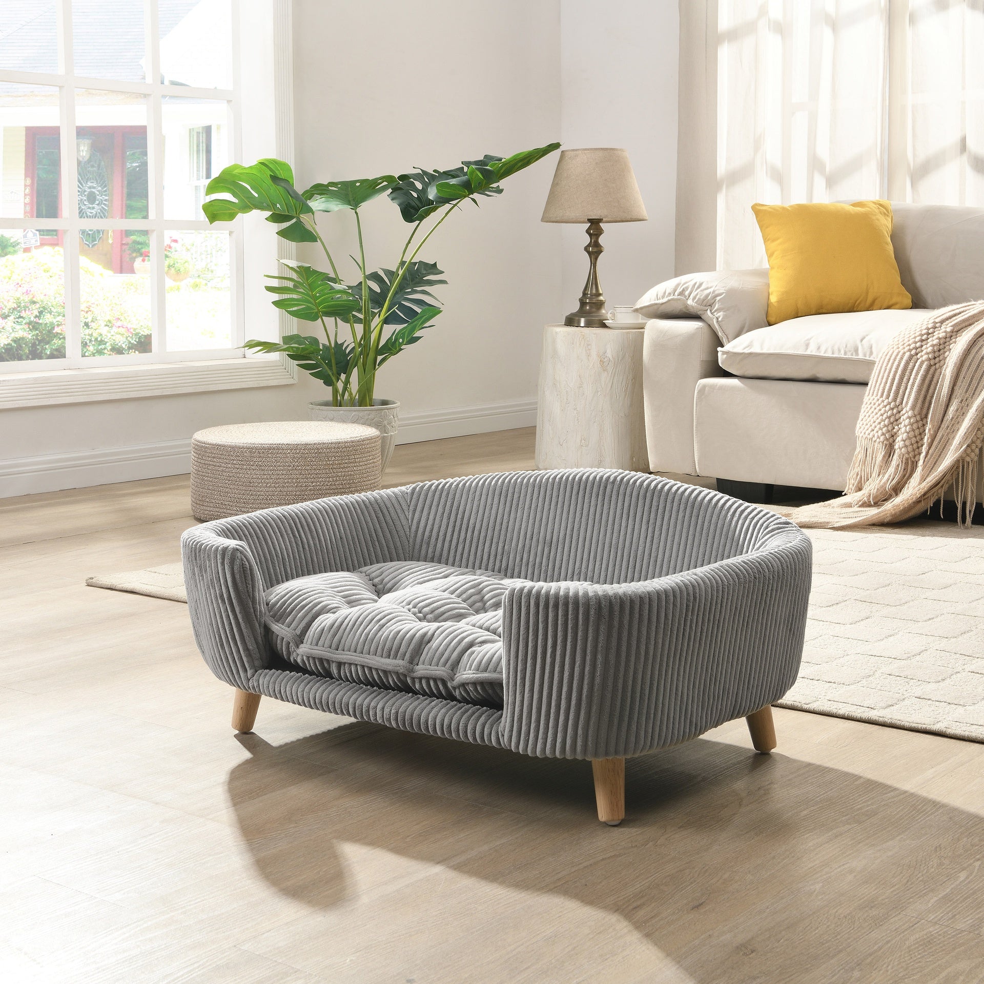 Elevated Dog Bed Frame for Small Dog, Corduroy Pet Couch Bed with Rubber Wood Legs and Supportive Foam, Grey, Easy Assembly