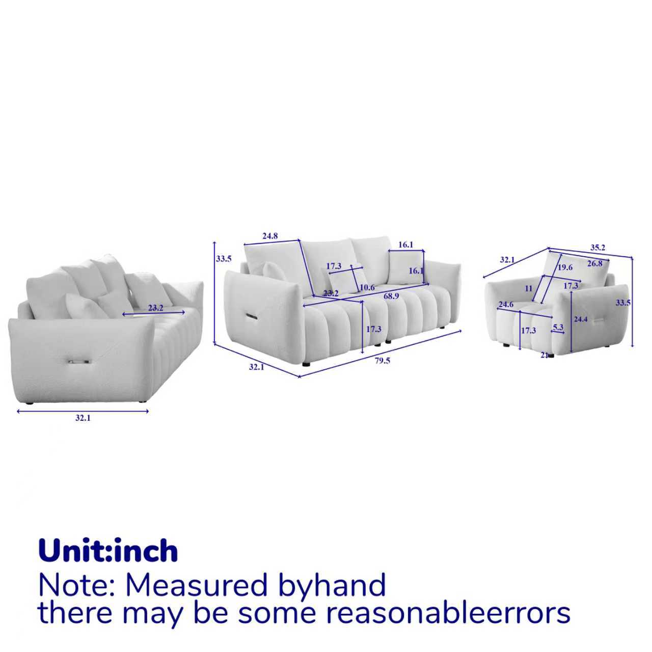 1 Seater + 3 Seater + 3 Seater,  Combo Sofa Modern Living Room Sofa, Teddy Sofa, Wooden Frame, 7 Cushions, Apartment Sofa Furniture