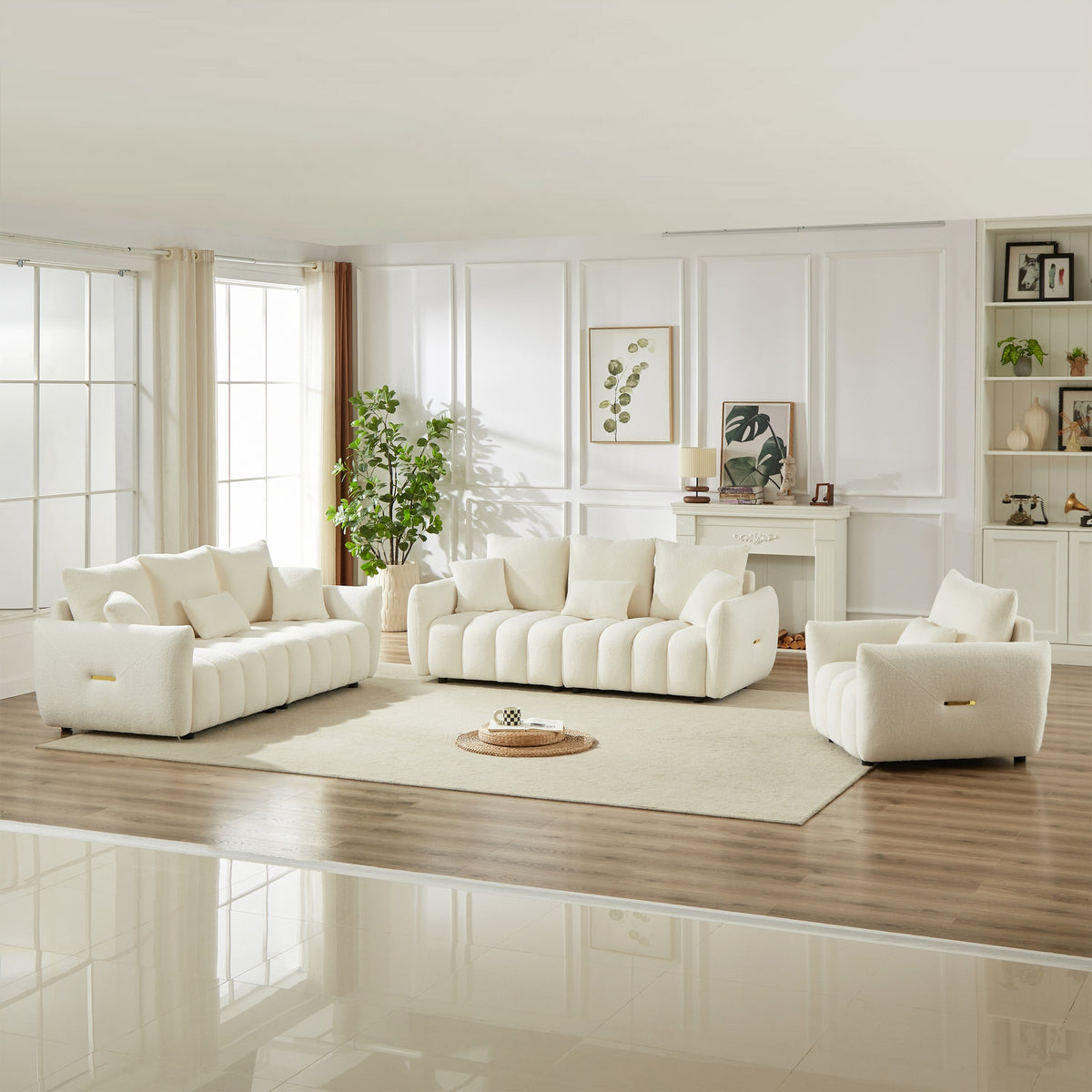 1 Seater + 3 Seater + 3 Seater,  Combo Sofa Modern Living Room Sofa, Teddy Sofa, Wooden Frame, 7 Cushions, Apartment Sofa Furniture