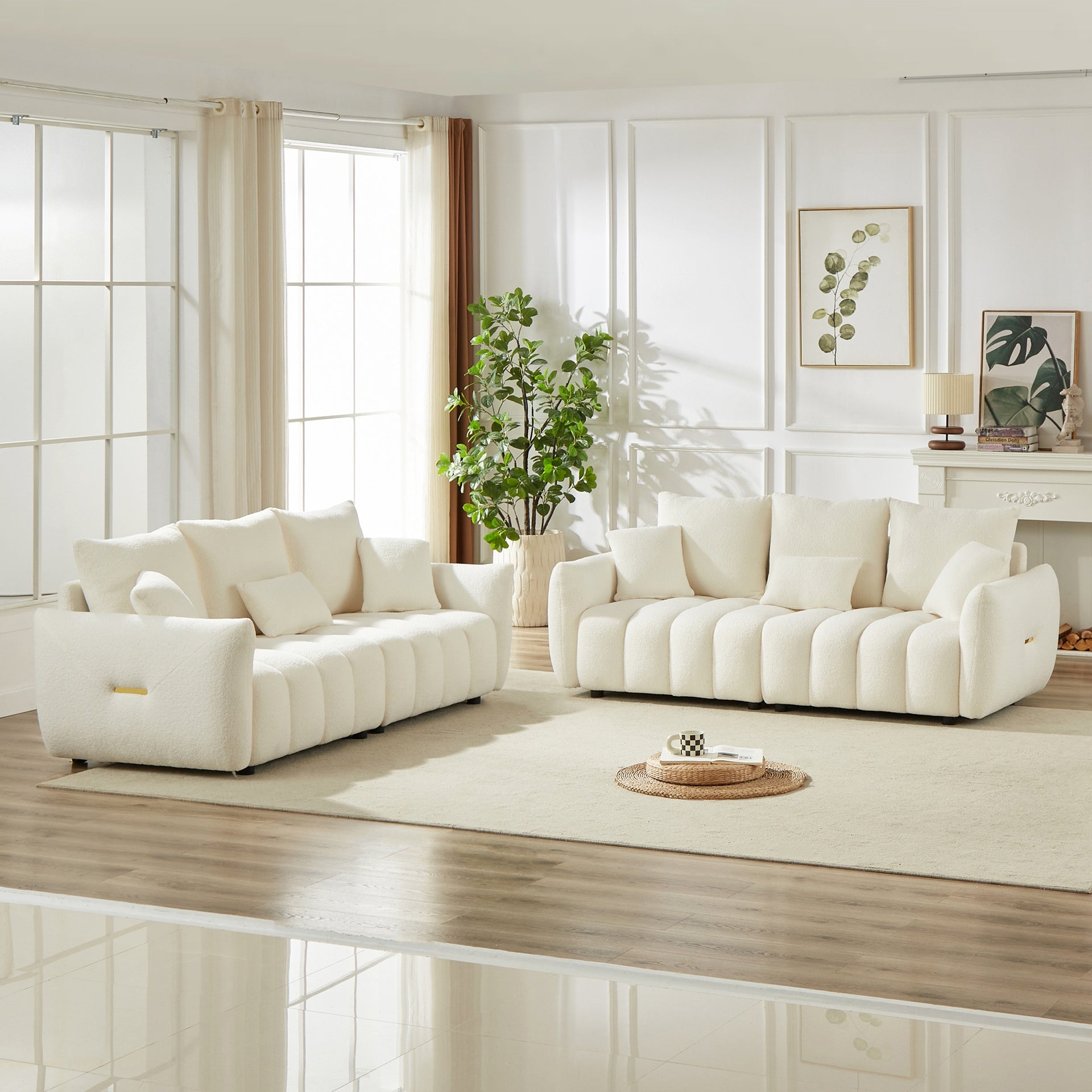 3 Seater + 3 Seater Combo Sofa Modern Living Room Sofa, Teddy Sofa, Wooden Frame, 6 Cushions, Apartment Sofa Furniture