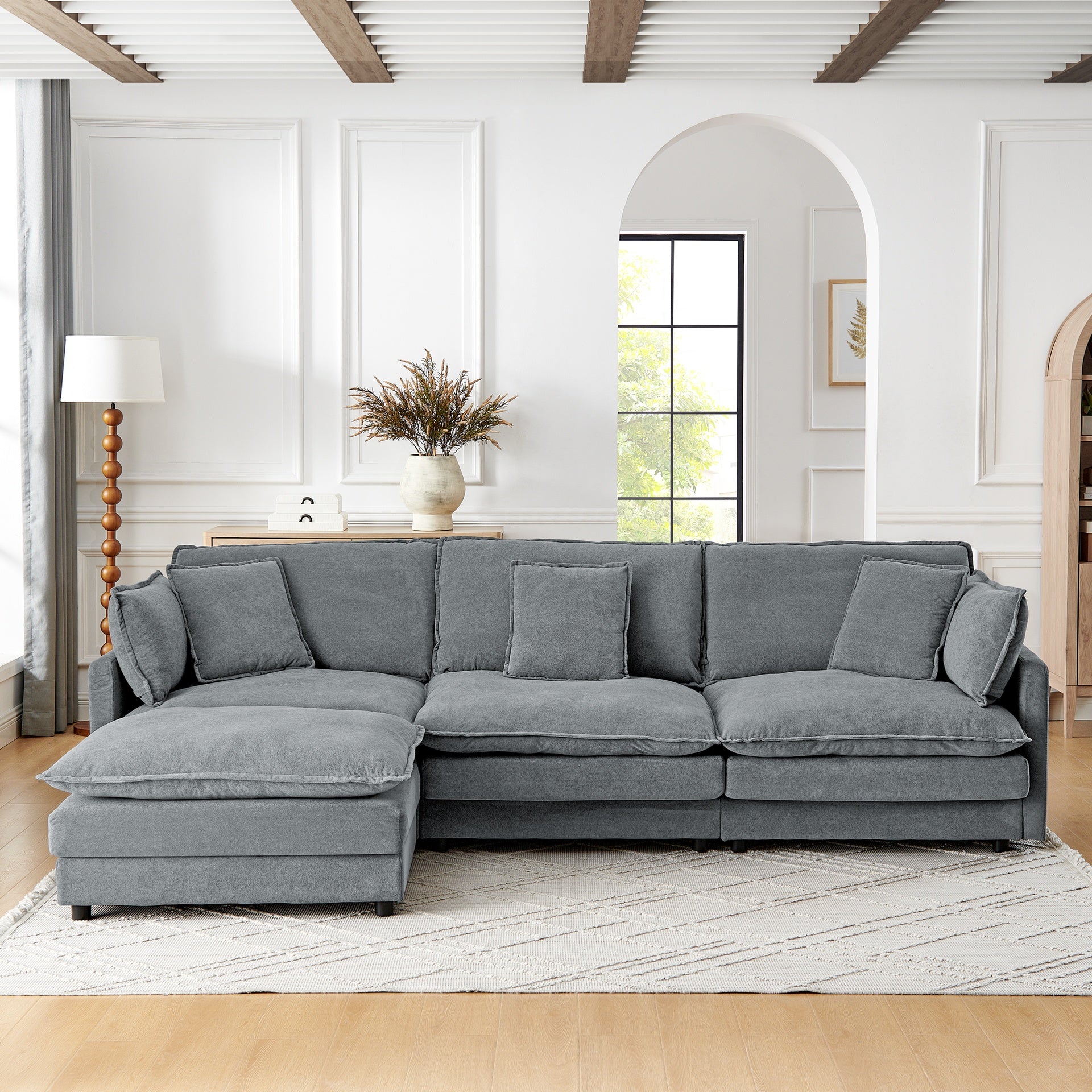 Modern Home Living Room L-Shaped Sectional Sofa Couches with Ottoman, Convertible Oversized 4 Seater Couch Towel Fabric, Grey