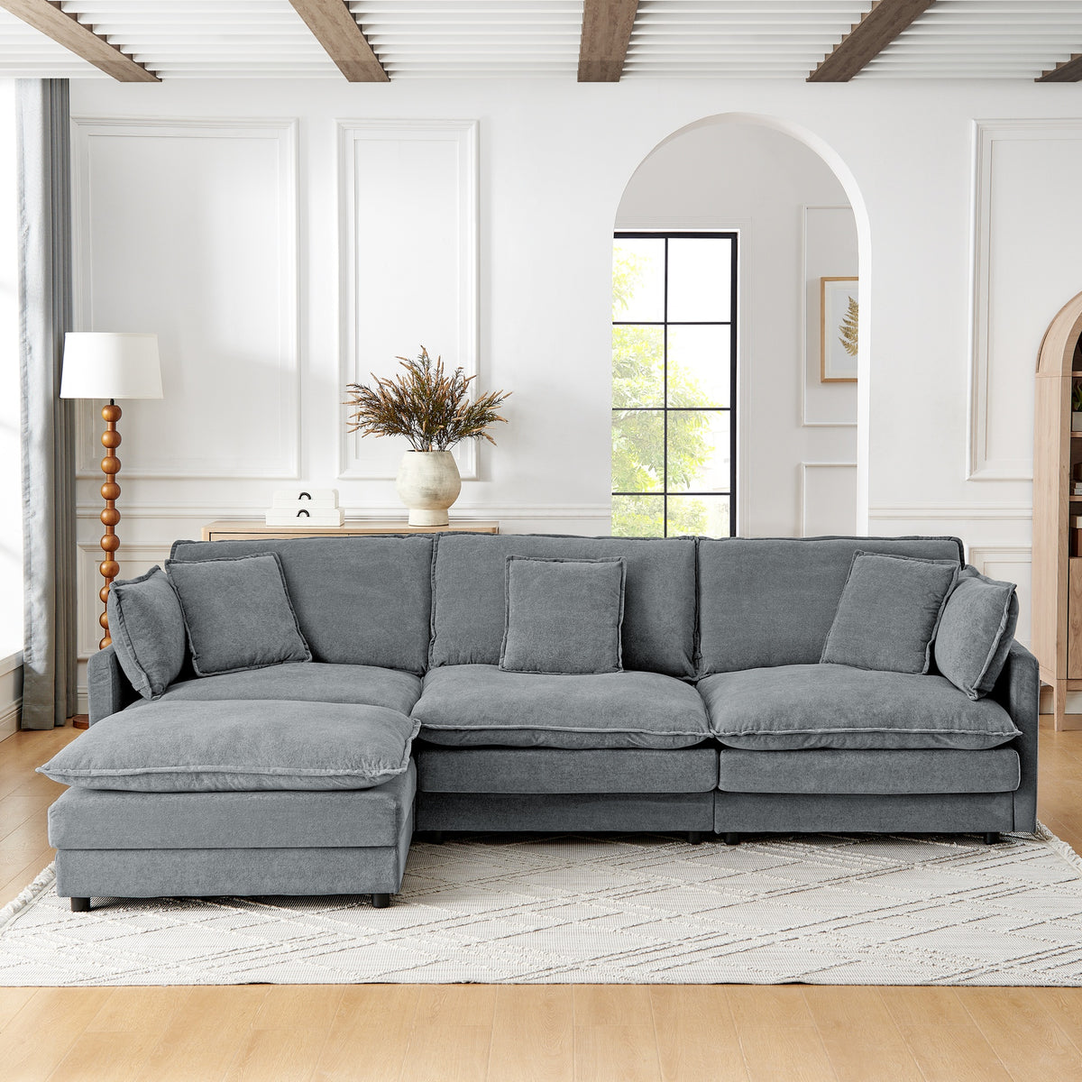 Modern Home Living Room L-Shaped Sectional Sofa Couches with Ottoman, Convertible Oversized 4 Seater Couch Towel Fabric, Grey