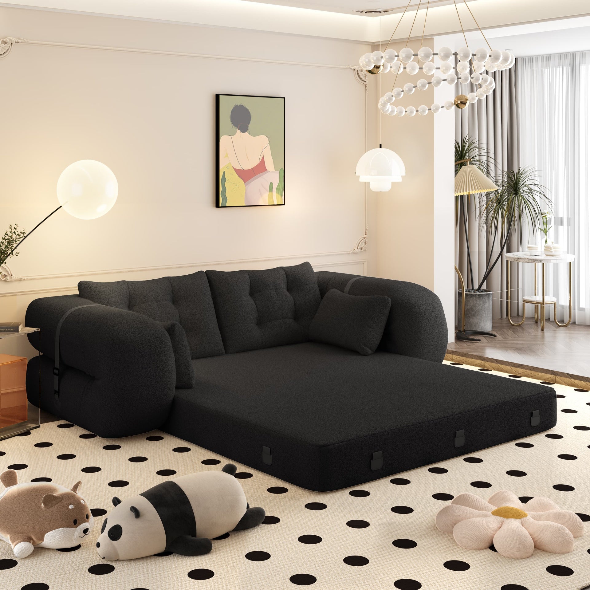 Human Dog Bed, Lazy Sofa Couch, 78.7" Multi-Functional Foldable Sofa Bed, 3-in-1 Teddy Fabric Foam-Filled Sleeper Sofa Bed for Living Room,Guest Bed,Playroom,Black