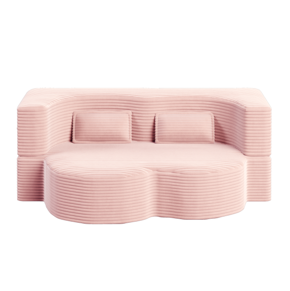 Modern Floor Sofa with 2 Pillows,Convertible Plush Corduroy Foam-Filled Sleeper Sofa Bed,15" Full Size Folding Mattress for Living Room,Guest Bed,no assembly required,Baby Pink