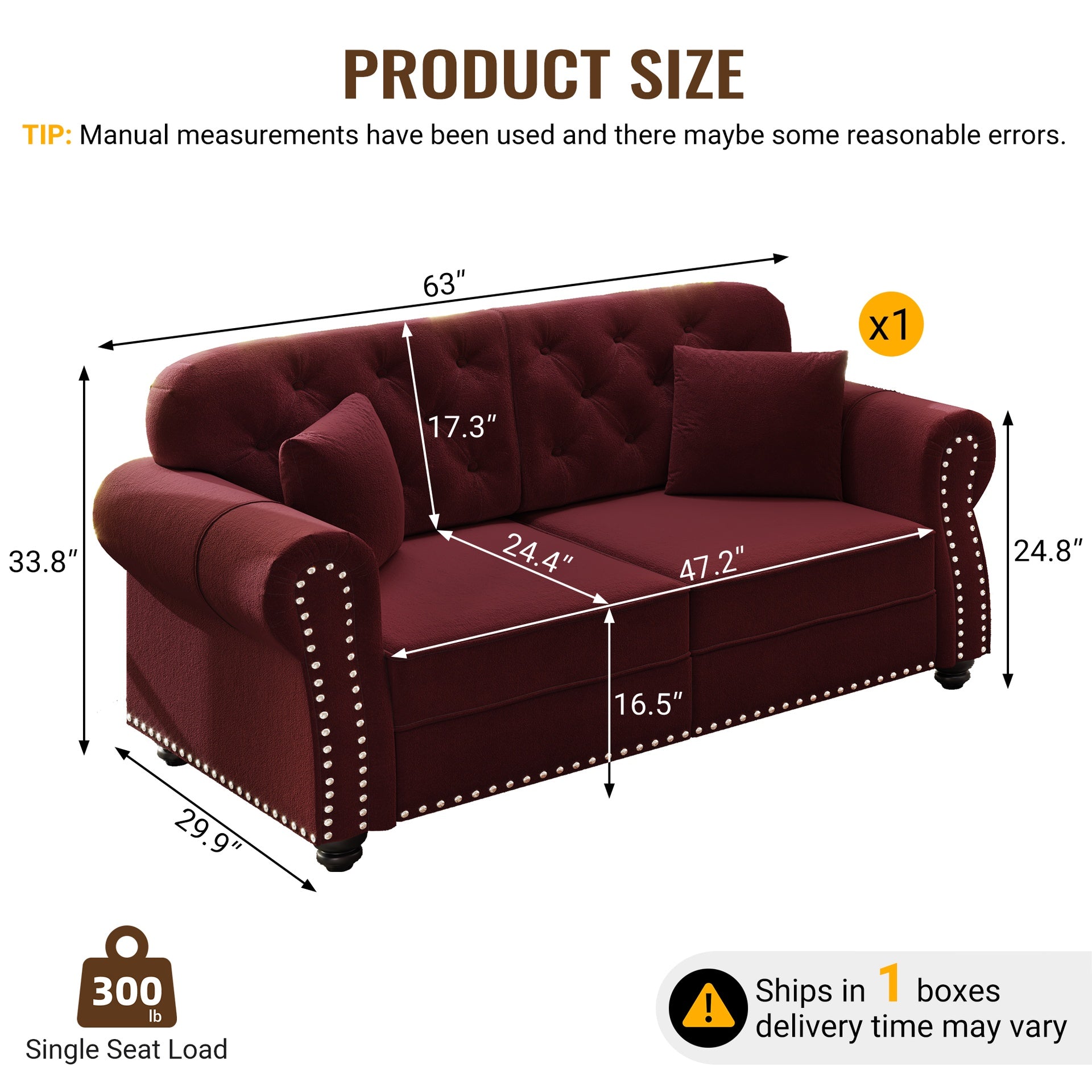 63"Upholstered Velvet Sofa with Nailhead Trim and Rolled Armrests,Mid-Century Modern Chesterfield Sofa with Button  Tufted,Includes 2 Pillows,Burgundy