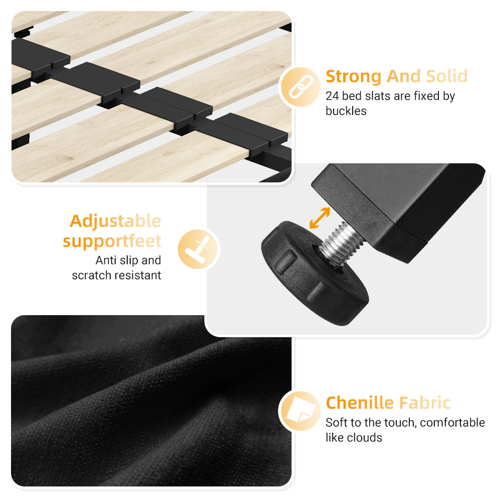 Queen Size Bed Frame,Tufted Headboard with Extra-Large Ultra-Soft Cloud Pillow Design,Chenille Platform Bed with Metal and Wooden Slats Double Support,Solid and Stable,Noise-Free,Black